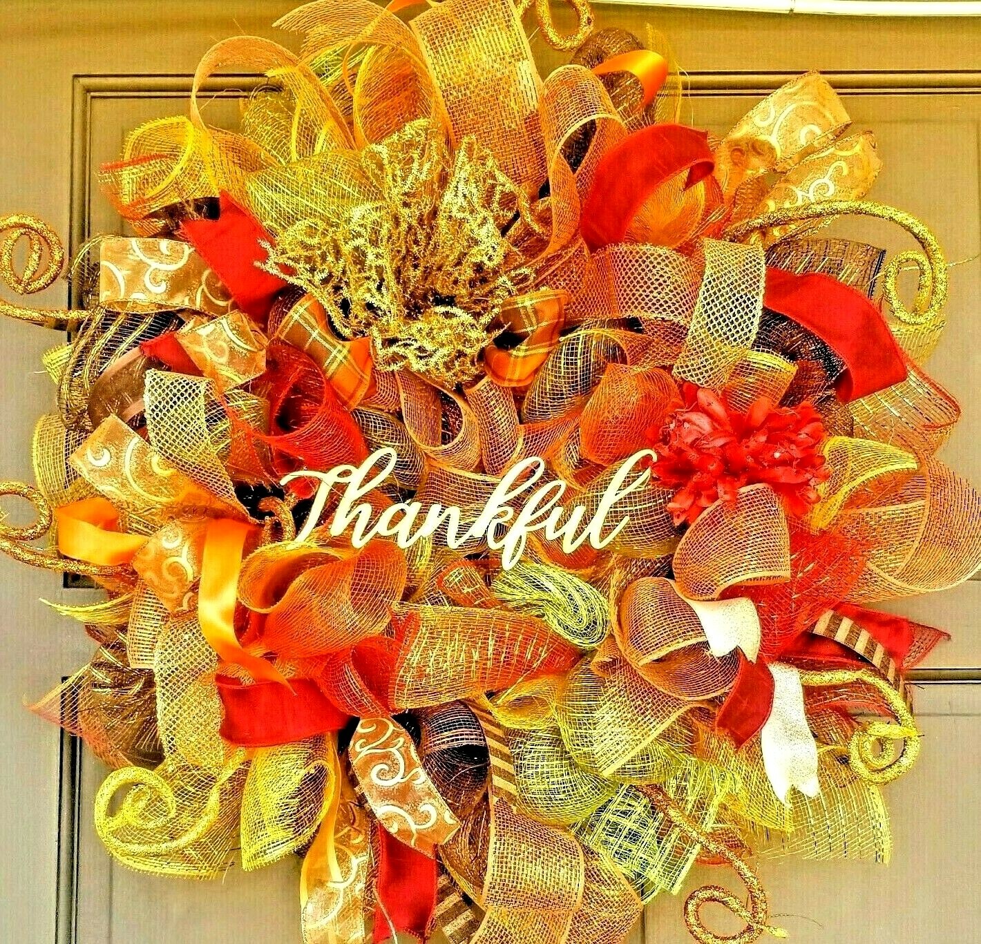 Large 24″ Handmade Fall Autumn Welcome Wreath Gold Deco Mesh Front Door Decor