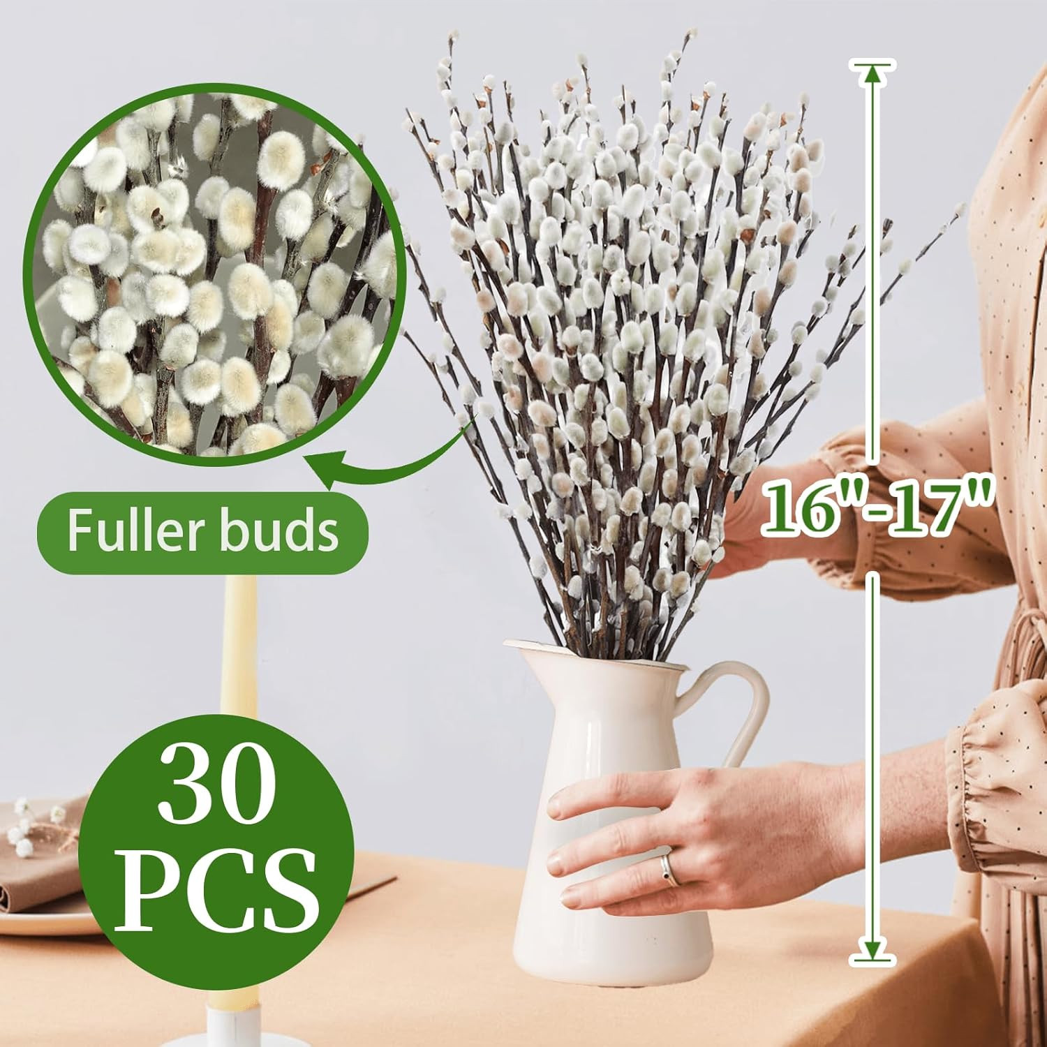 Oning 30 Stems Real Dried Pussywillow Preserved Greenery Branches for Vase- Natu