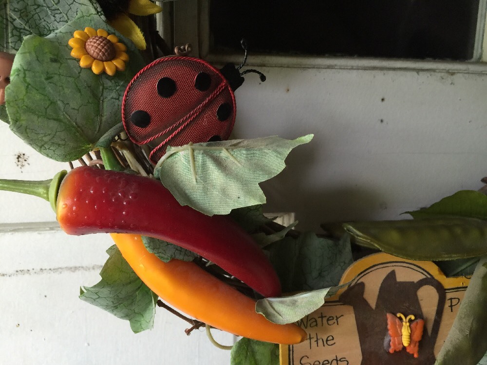 Chili Pepper Sunflower Ladybug Peapod Watering Can Seeds Wreath 16″ by 5″ Deep