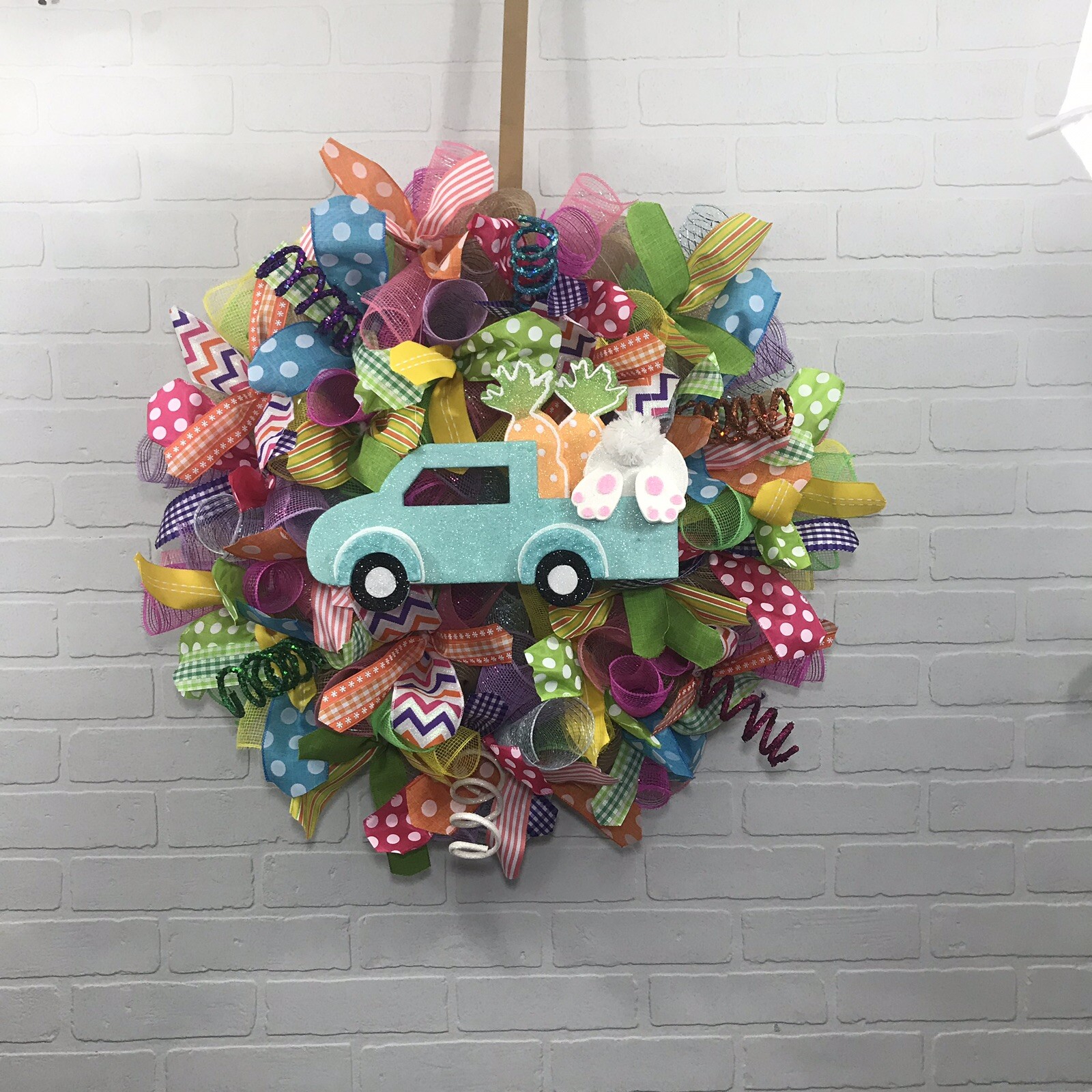Easter, Spring, Bright, Pink, Blue, Yellow, Fun, Whimsical, Deco Mesh Wreath