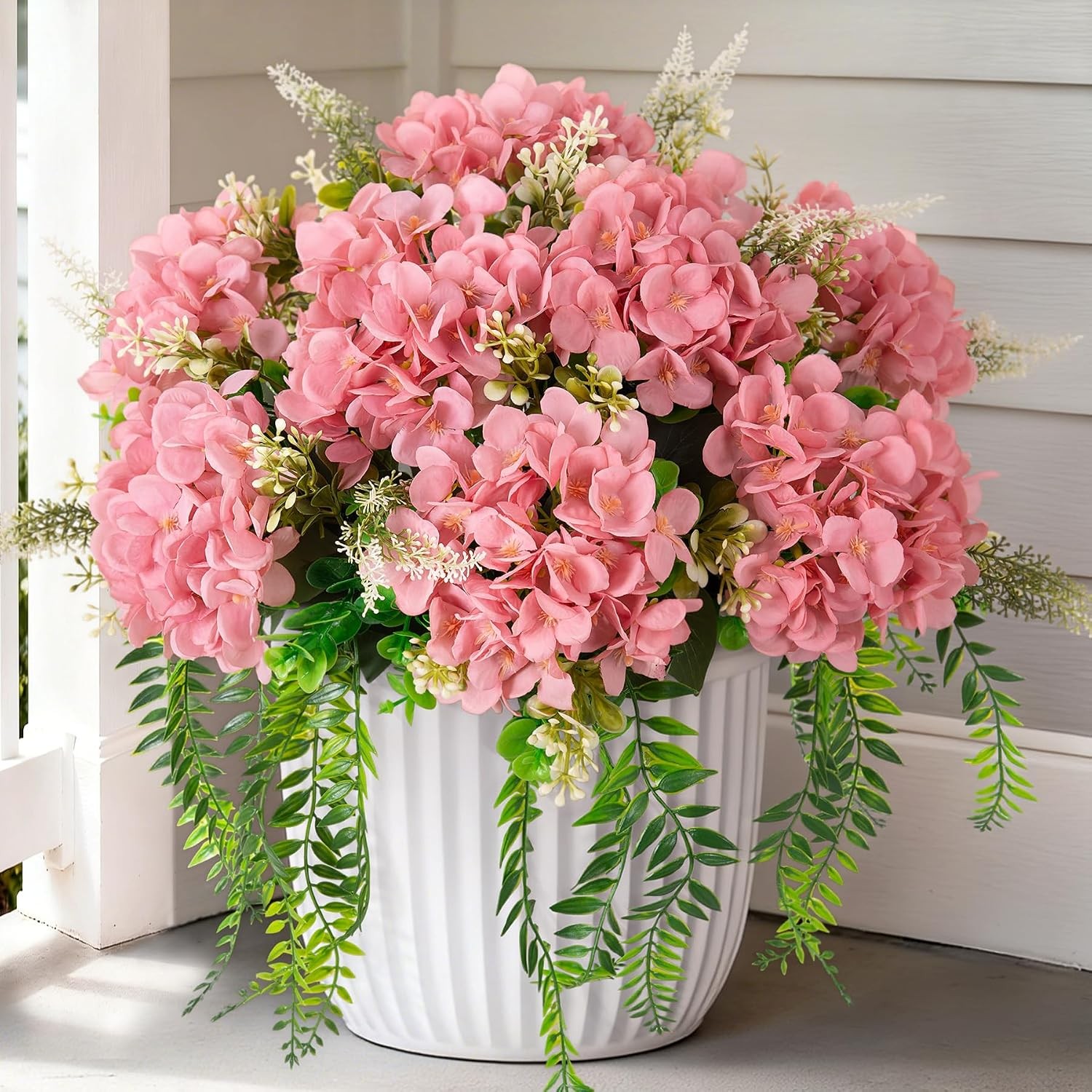 8 Pcs Artificial Hydrangea Flowers Silk Champagne Fake Flower W/ Eucalyptus