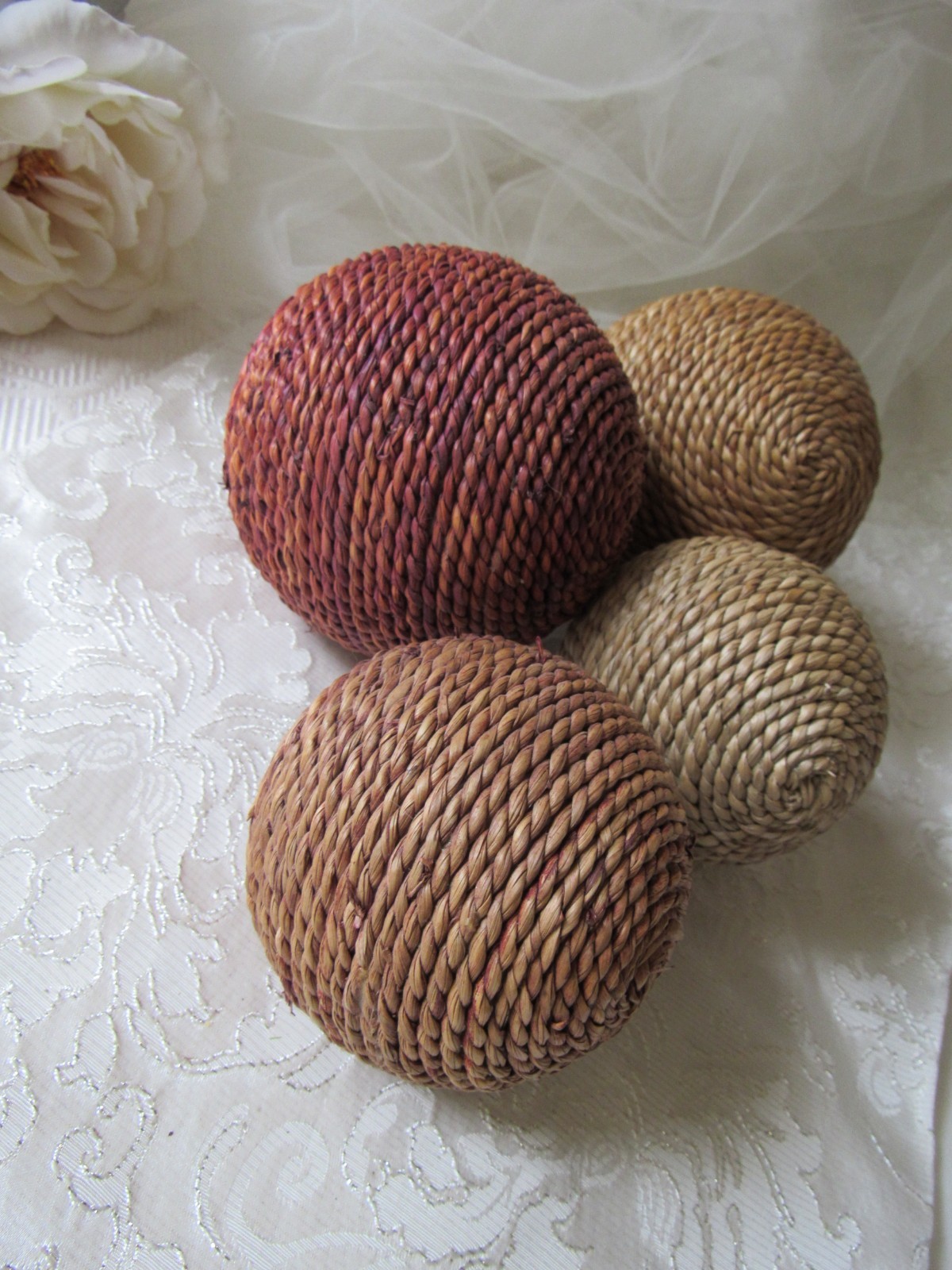 Jute Decor,set of 4,Mix Matched Floral Decor,4″ & 3″,Boho,tuscan,moroccan,sisal