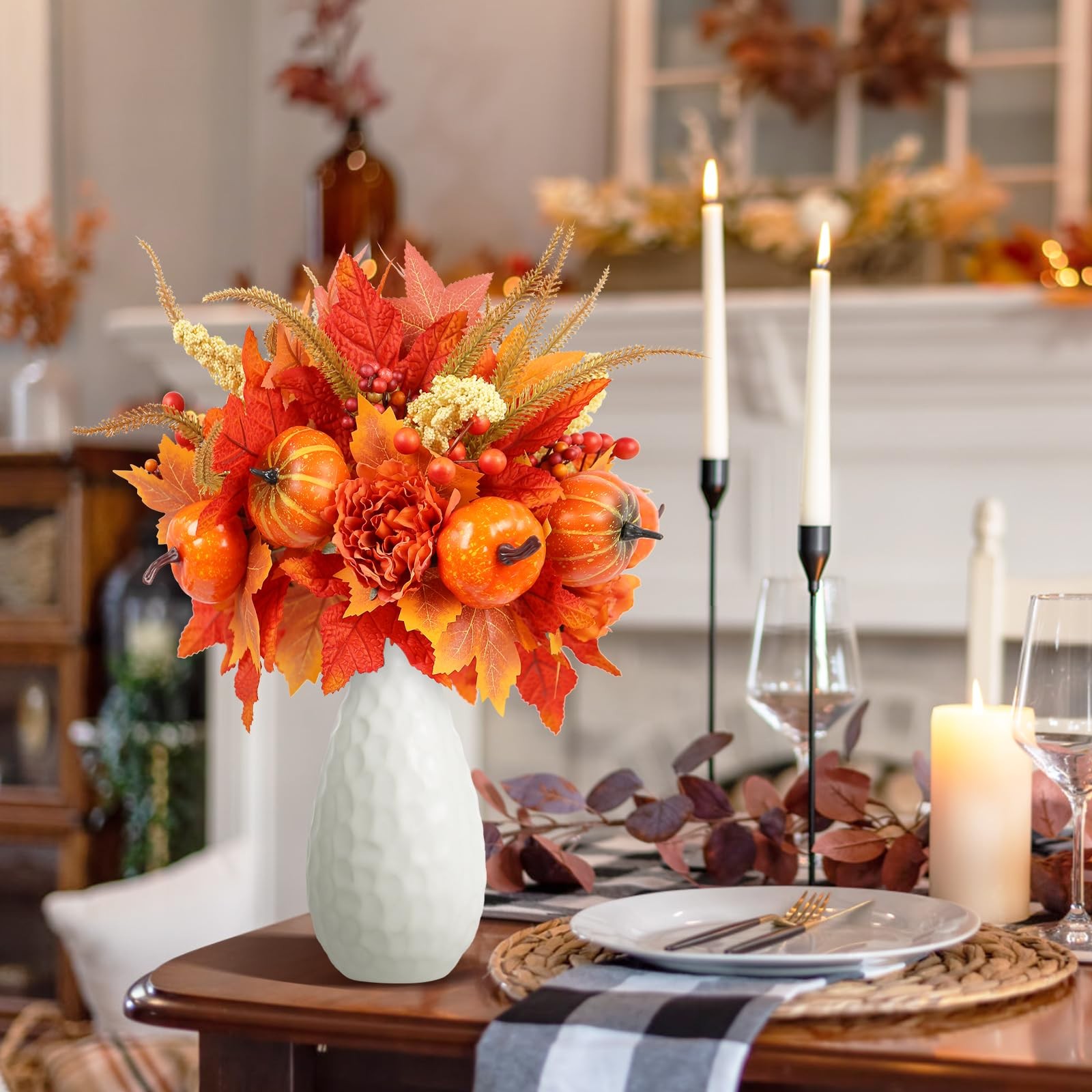 Fall Decor, 4PCS Artificial Autumn Pumpkin Berry Flower Maple Plant Stems Picks