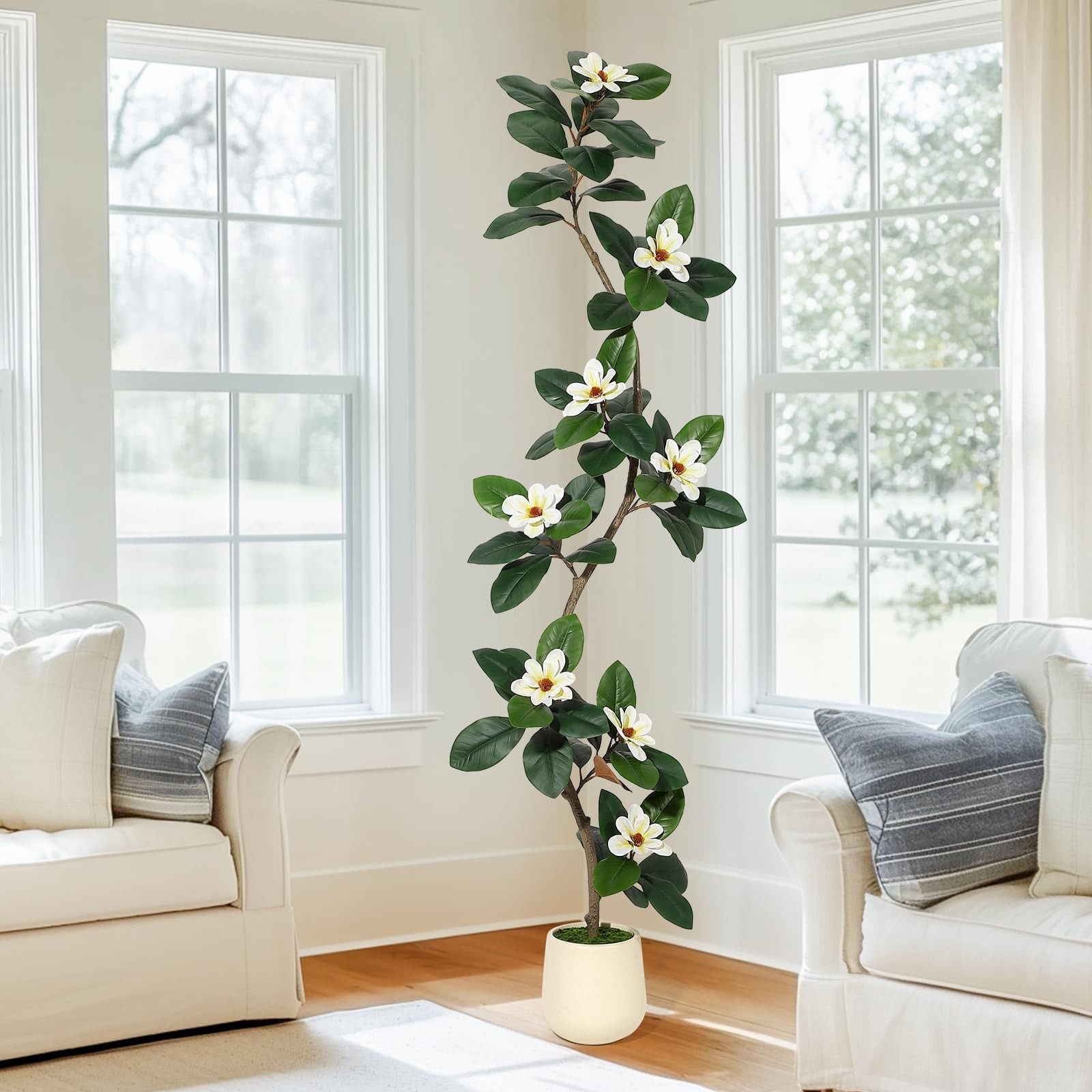 Rubber Tree 7 ft Artificial Tree in White Planter Pot