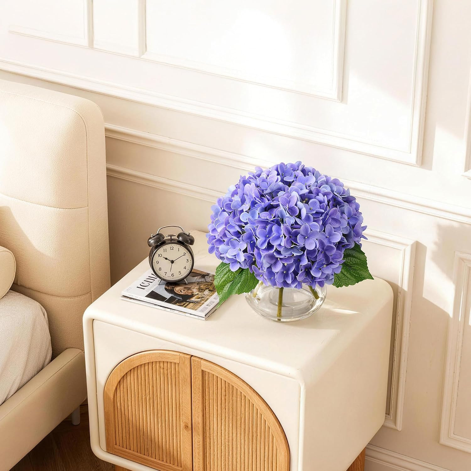 Purple Real Touch Faux Hydrangea in Glass Vase – No Watering Needed Decor