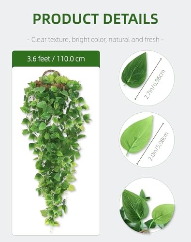 2 Pack Artificial Hanging Ivy Plants (3.6ft) – Fake Vine Greenery for