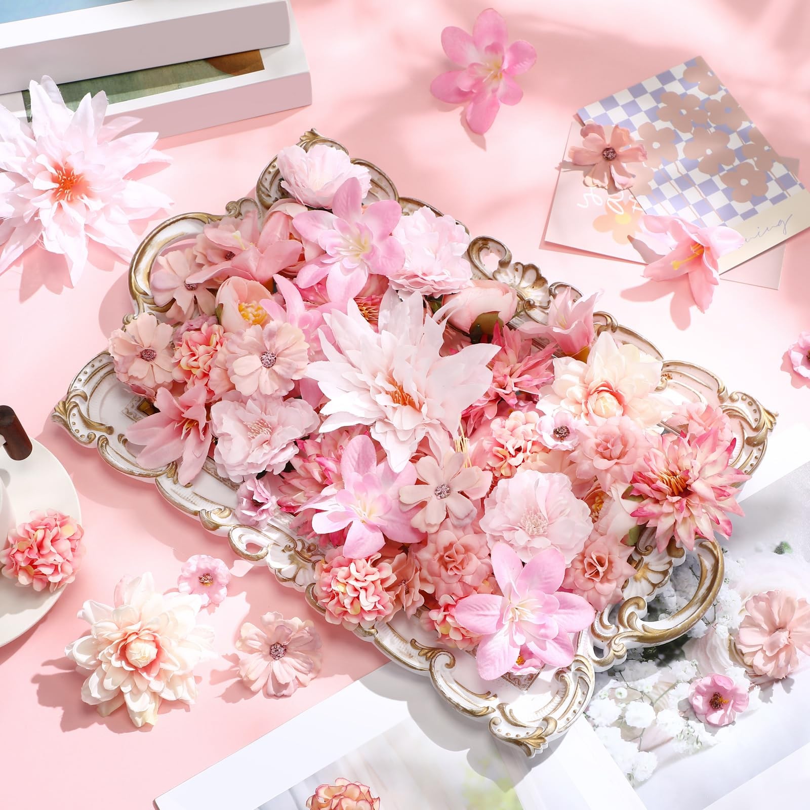 Pink Silk Faux Daisy Peony Rose Mini Artificial Fake Flower Heads Crafts 80PCS