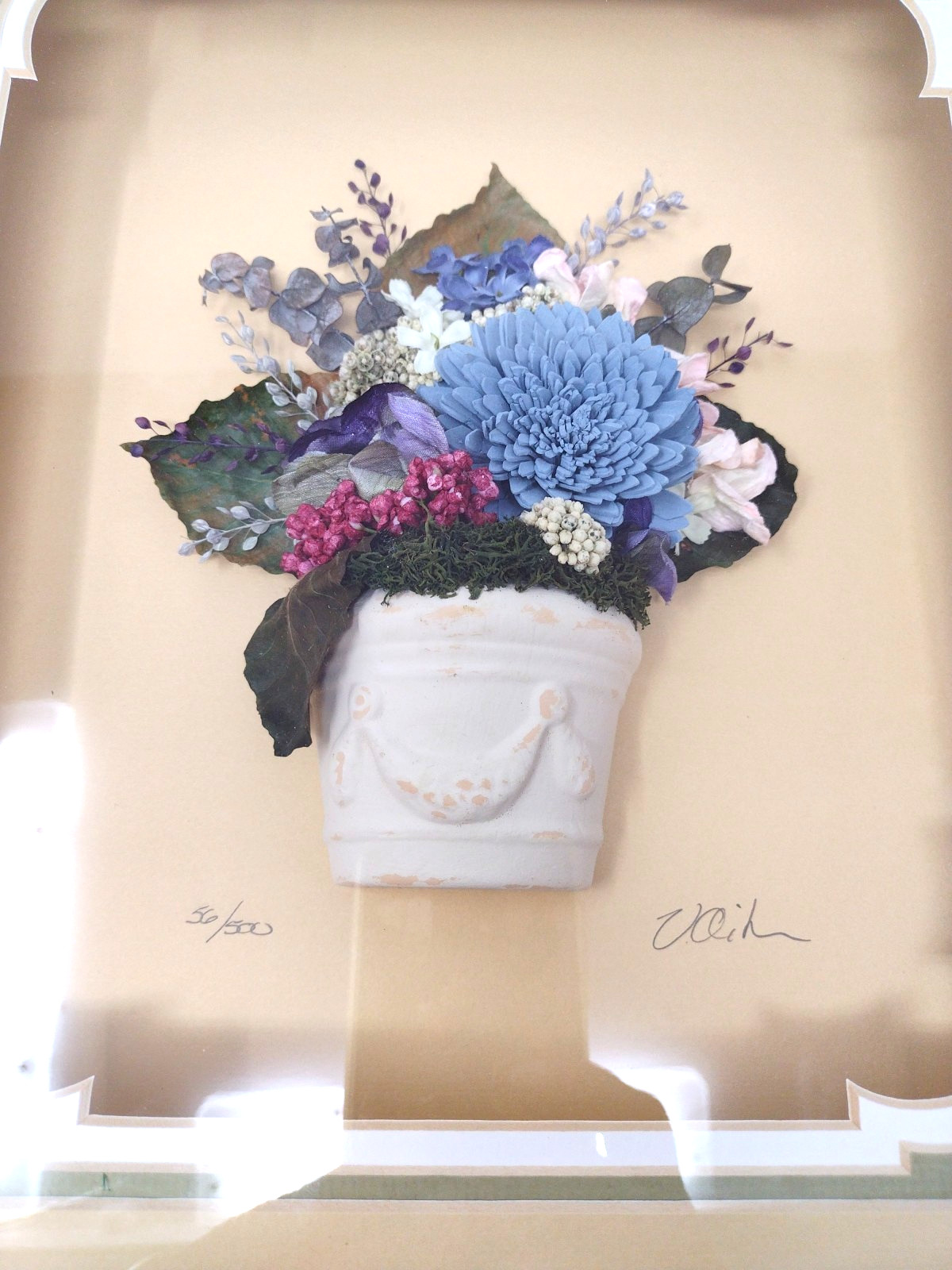 Vintage Handmade 3D Shadow Box Blue Flowers White Box Frame 56/500 Signed