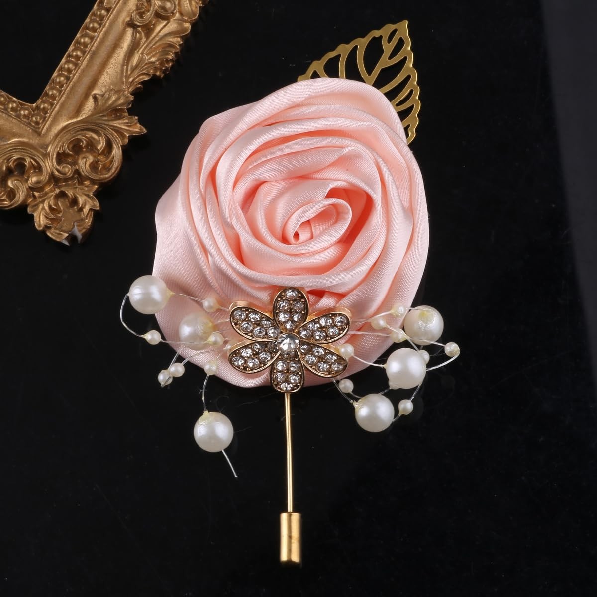 5 PCS Artificial Boutonniere Gold Leaf Faux Silk Rose Corsage Wedding Prom
