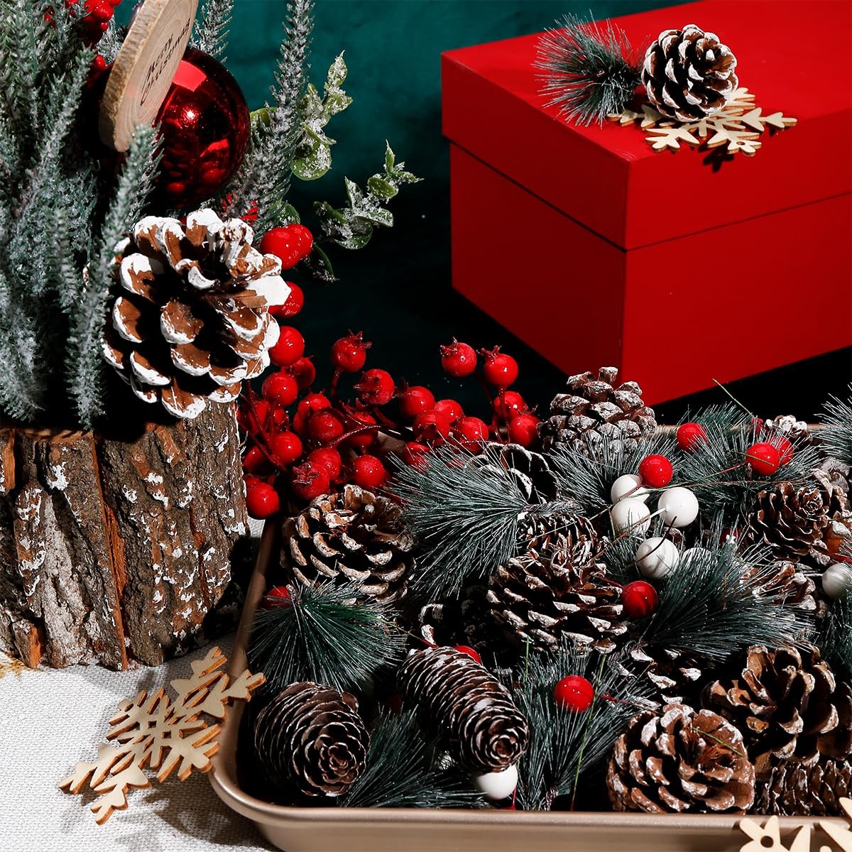 108 PCS Christmas Ornaments Pine Cones Berry Pine Branch Xmas Decor Set