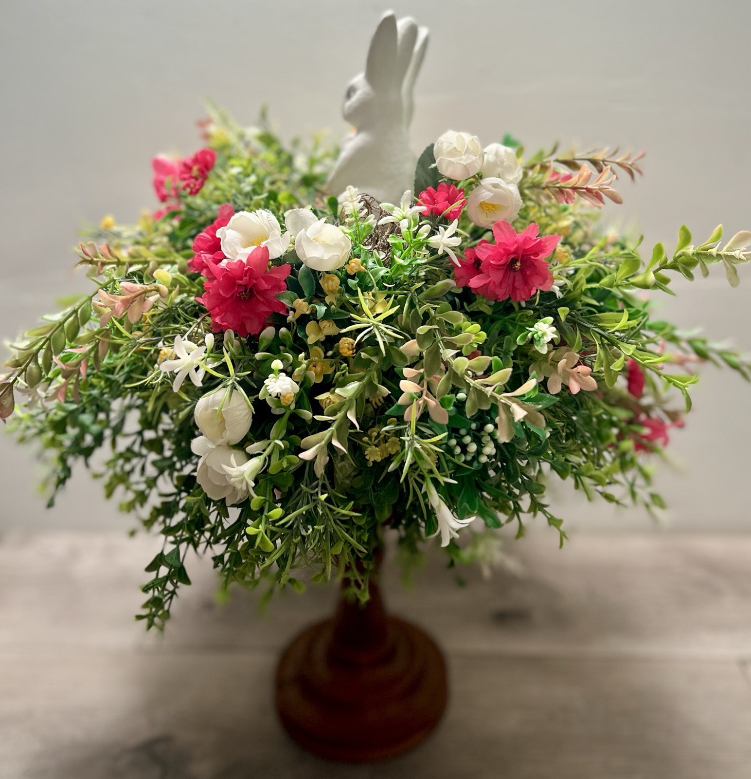 Spring Easter Candle Stick Floral Arrangement Greenery Flowers Rabbit