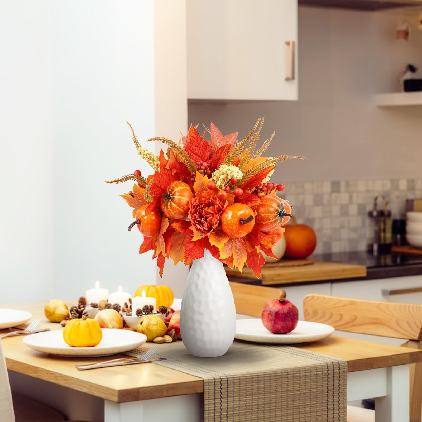 Fall Decor, 4PCS Artificial Autumn Pumpkin Berry Flower Maple Plant Stems Picks