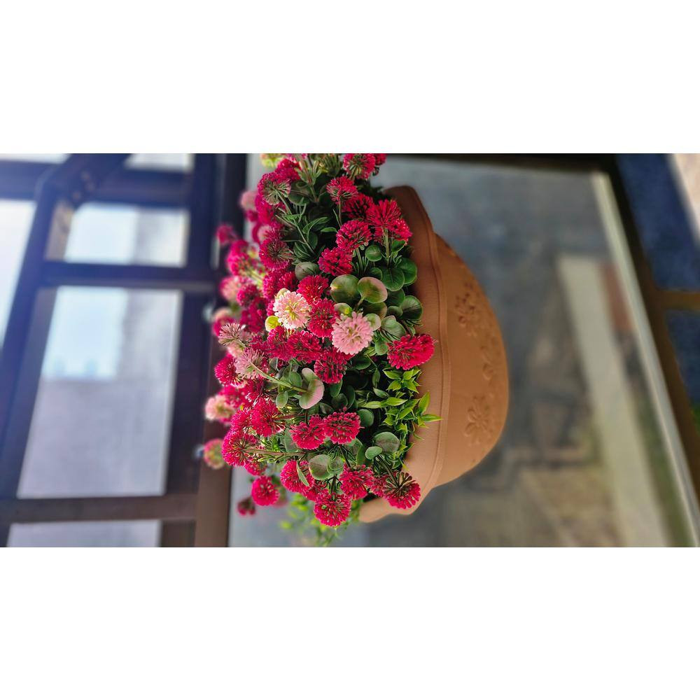 12 In. Pink and Red Indoor/Outdoor Artificial Chrysanthemum 8 In. Hanging Brown