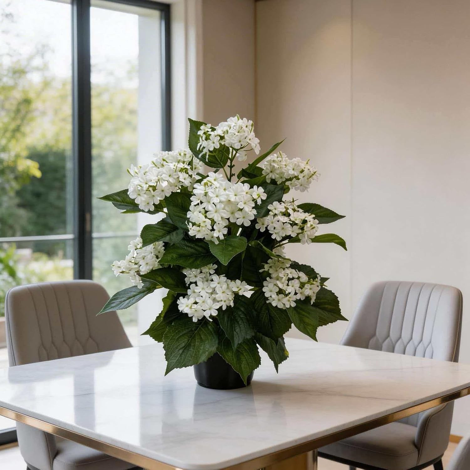24 Inch Artificial White Hydrangea Potted Plant, 2 Pack Faux Silk Flower Bonsai