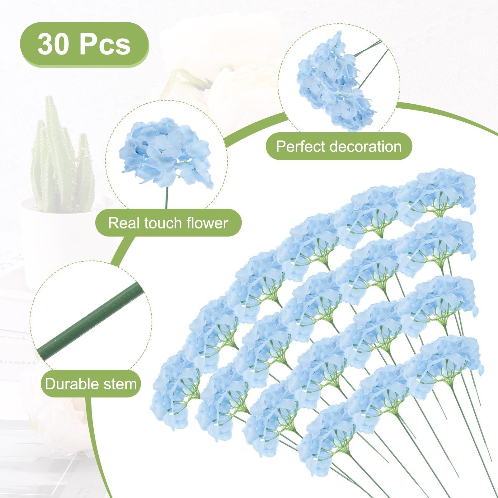 30Pcs Hydrangea Artificial Flowers, Fake Hydrangea Flowers, Light Blue