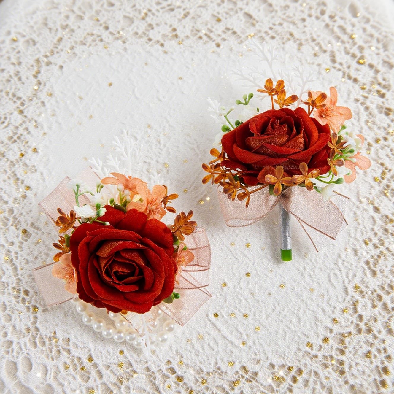 2 pcs Wrist Corsage and Boutonniere Set, Orange Rose Wrist Corsage Wristlet B…