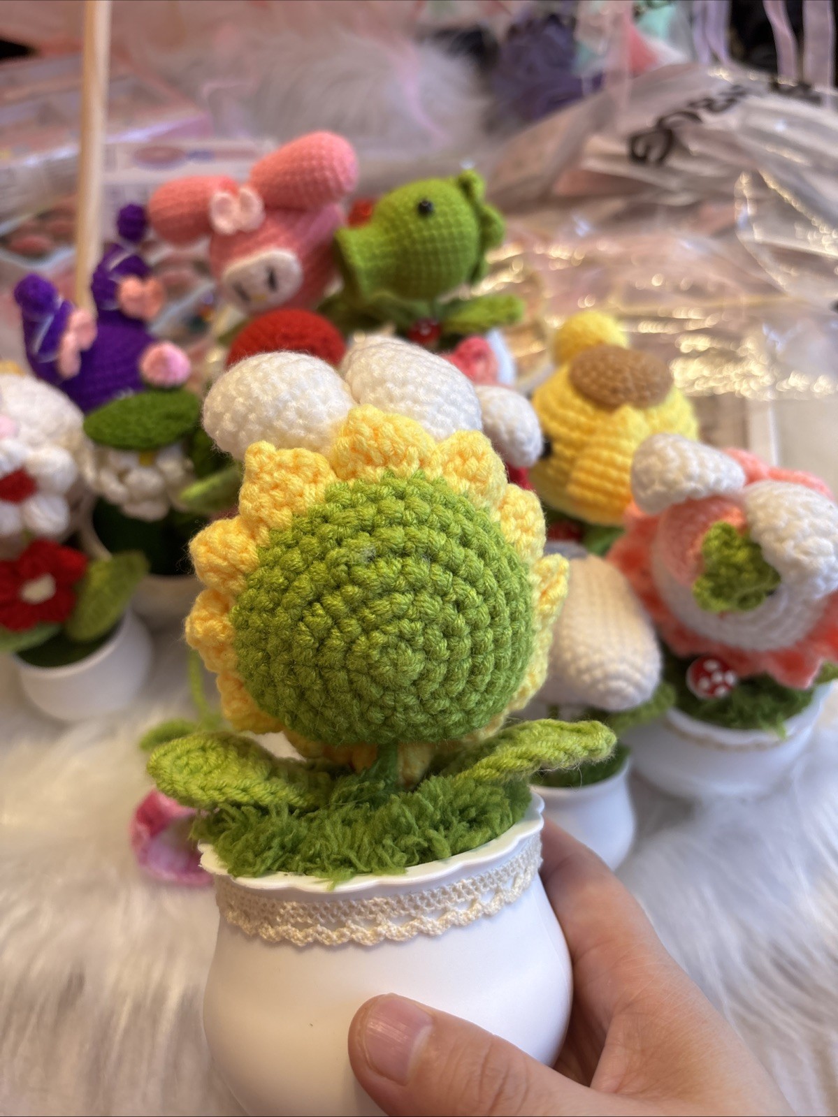 Handmade Crochet Bunny Sunflower Potted Plant Kawaii Fairycore Desk Decor Gift