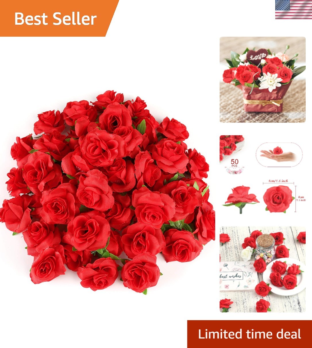 50pcs Reusable Red Silk Rose Heads – 1.6″ Perfect for Parties and DIY Creations