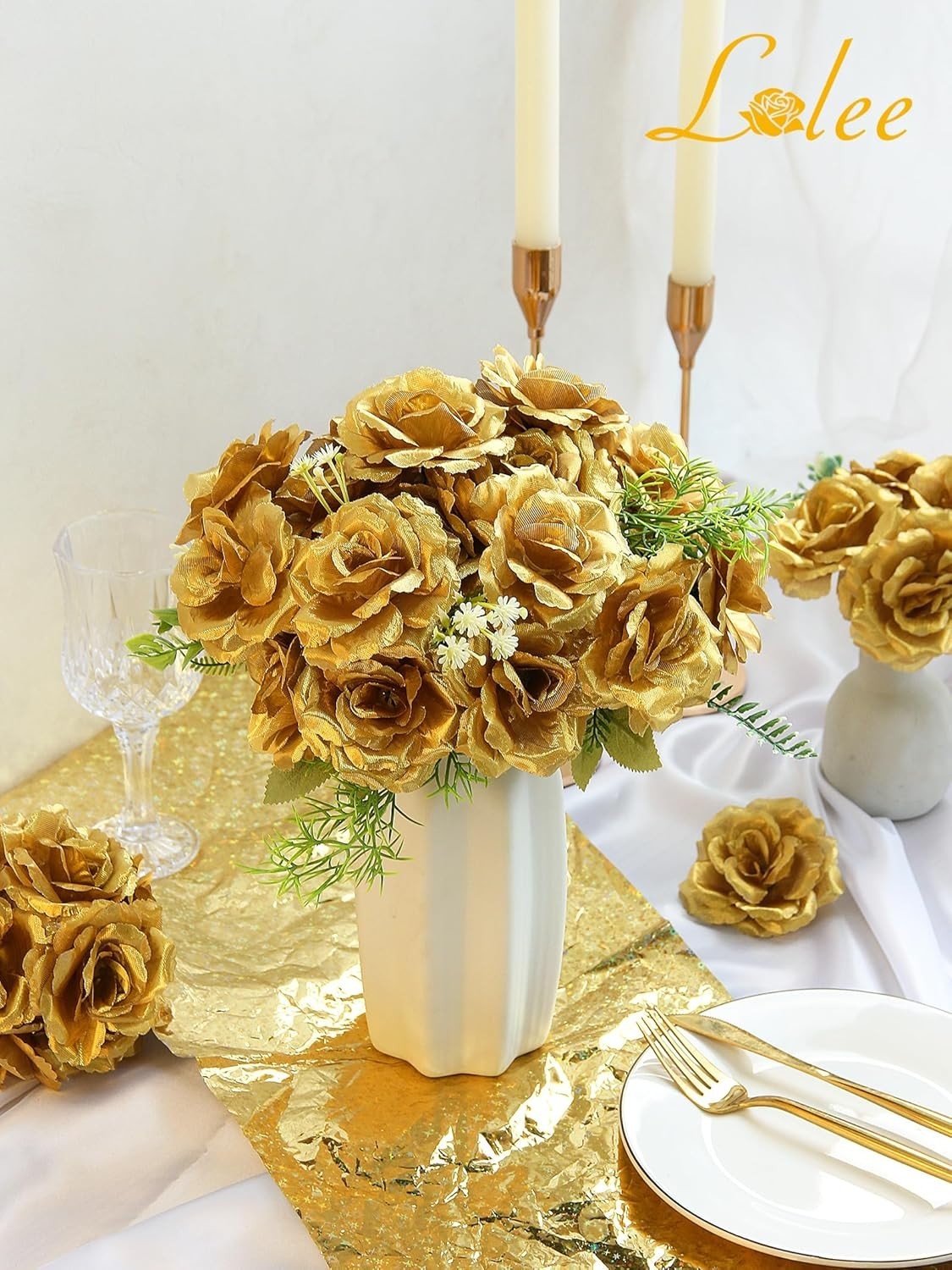 Rose Head Flowers with Stem – 108pcs Gold Rose Artificial Flowers Bulk – 3.1’…