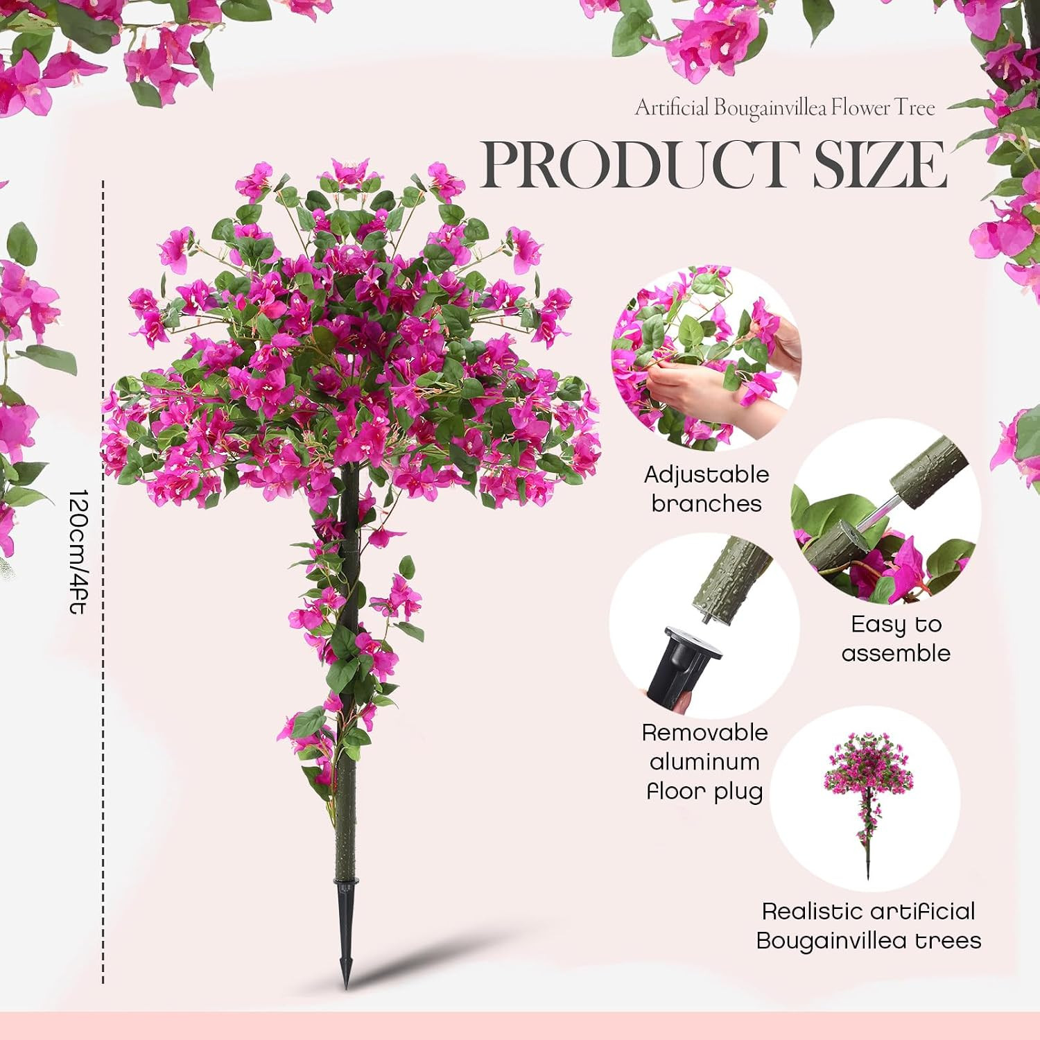 2 Pack 4Ft Artificial Bougainvillea Trees for Outdoors Faux Bougainvillea Flower