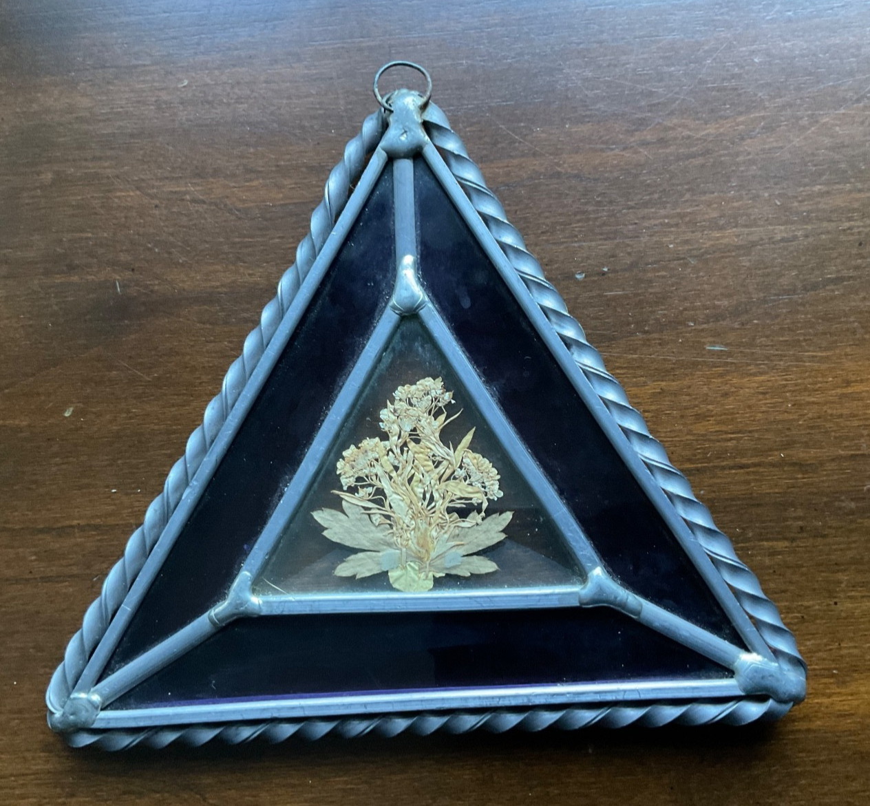 Pressed Flower Art in Floating Beveled Glass-Twisted Pewter Frame-Ornament/Decor