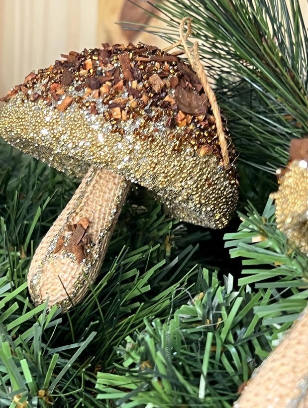 Glitter Mushroom Christmas Ornaments Set of 3 Rustic Woodland Gold Bead Tree Dec