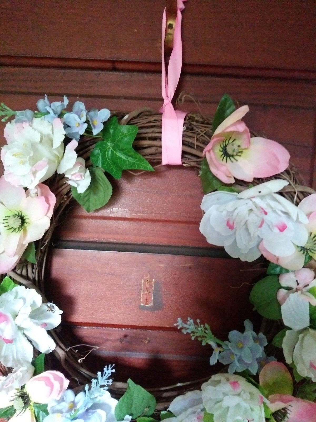 Springtime Pink, White And Blue Flowers W/green Leaves Grapevine Wreath…