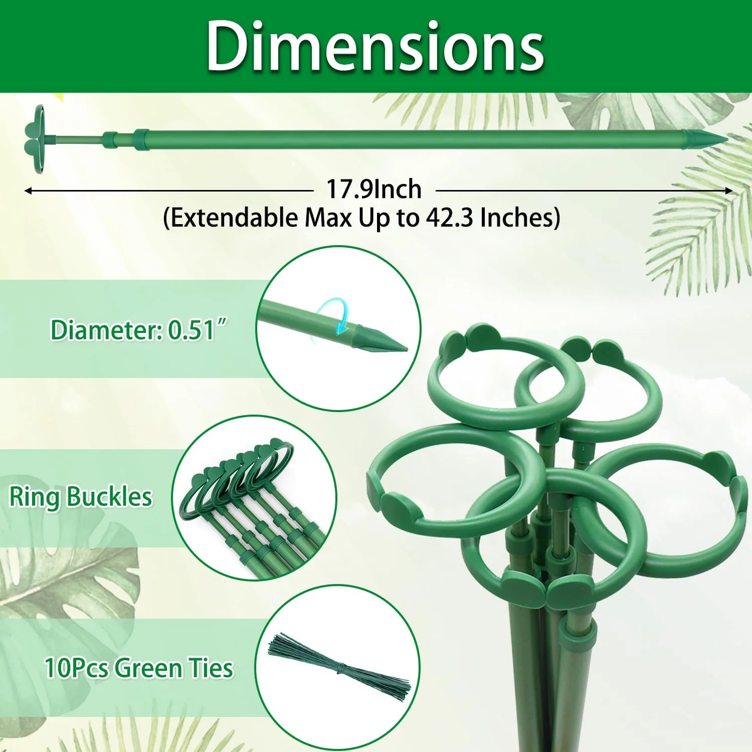 Extendable Plant Stakes, Length Scalable from 17.9IN to 42.3IN Plant Support Sta
