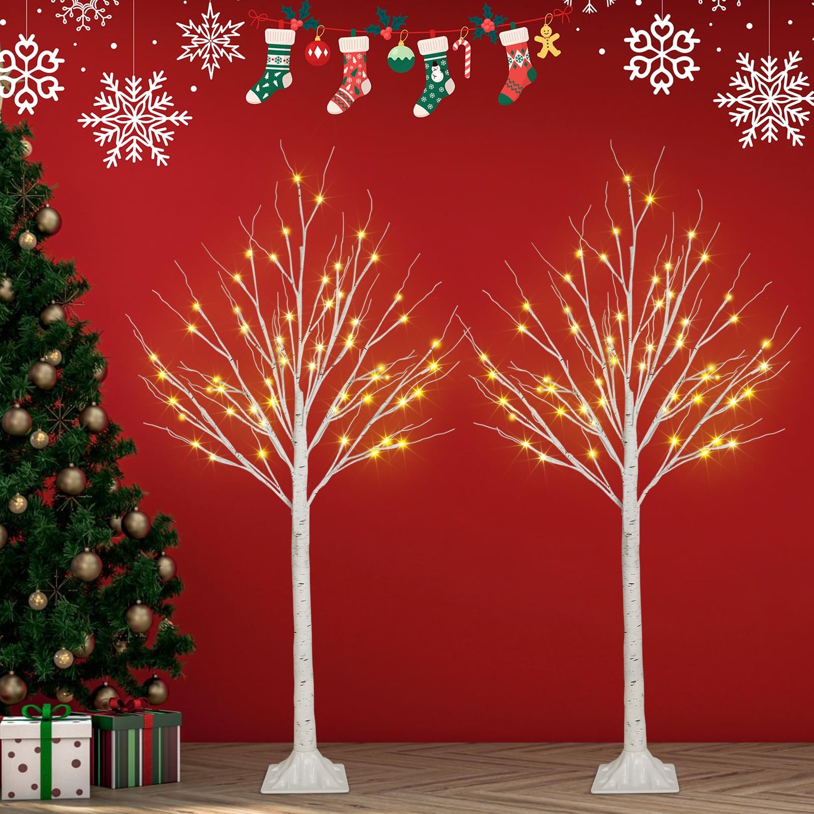 2-Pack 4FT Lighted Birch Trees (Higher Size & Floor Standing), 96 LED Twinkli…