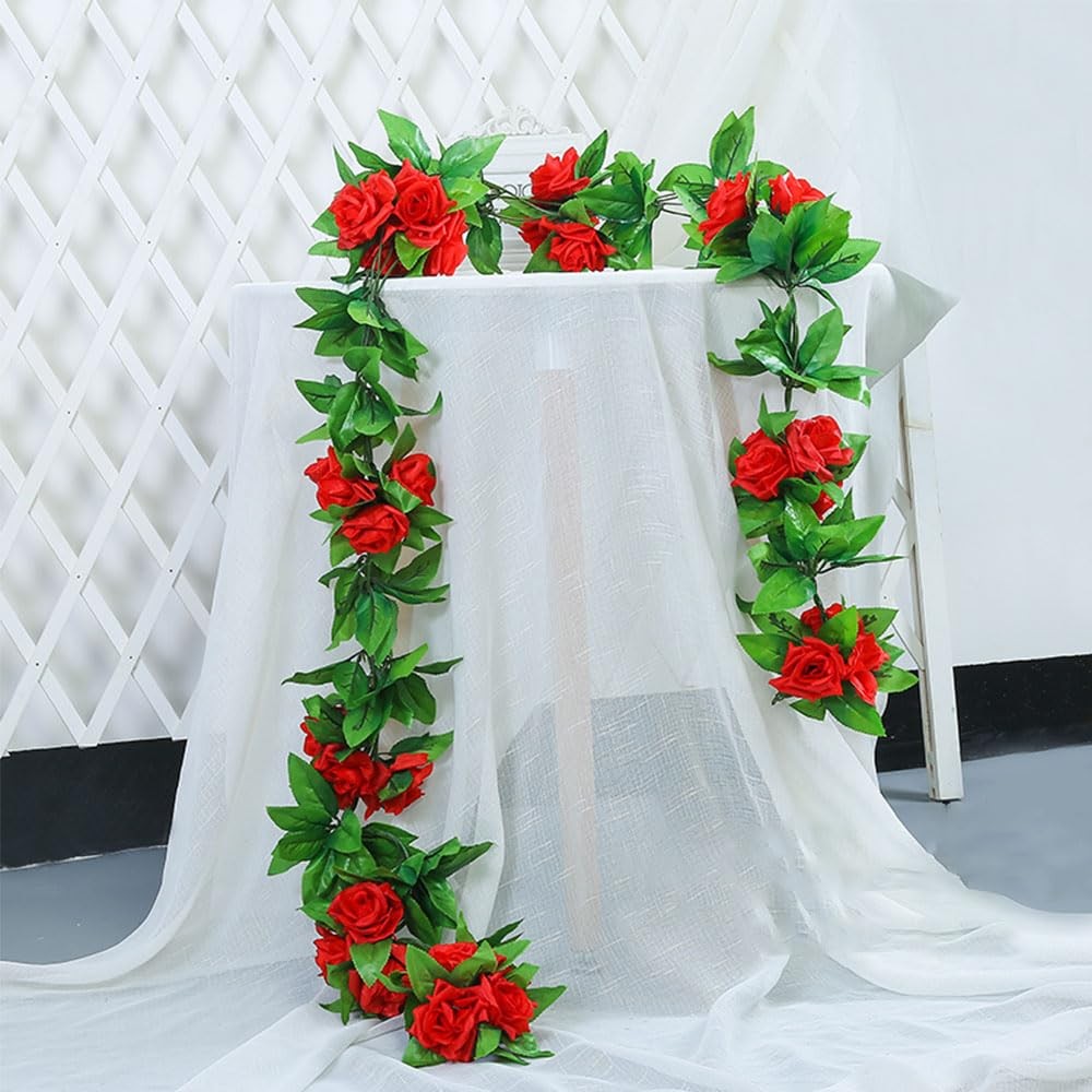 5PCS Fake Rose Vine Flowers Plants Artificial Flower Hanging Red Rose Ivy Hom…