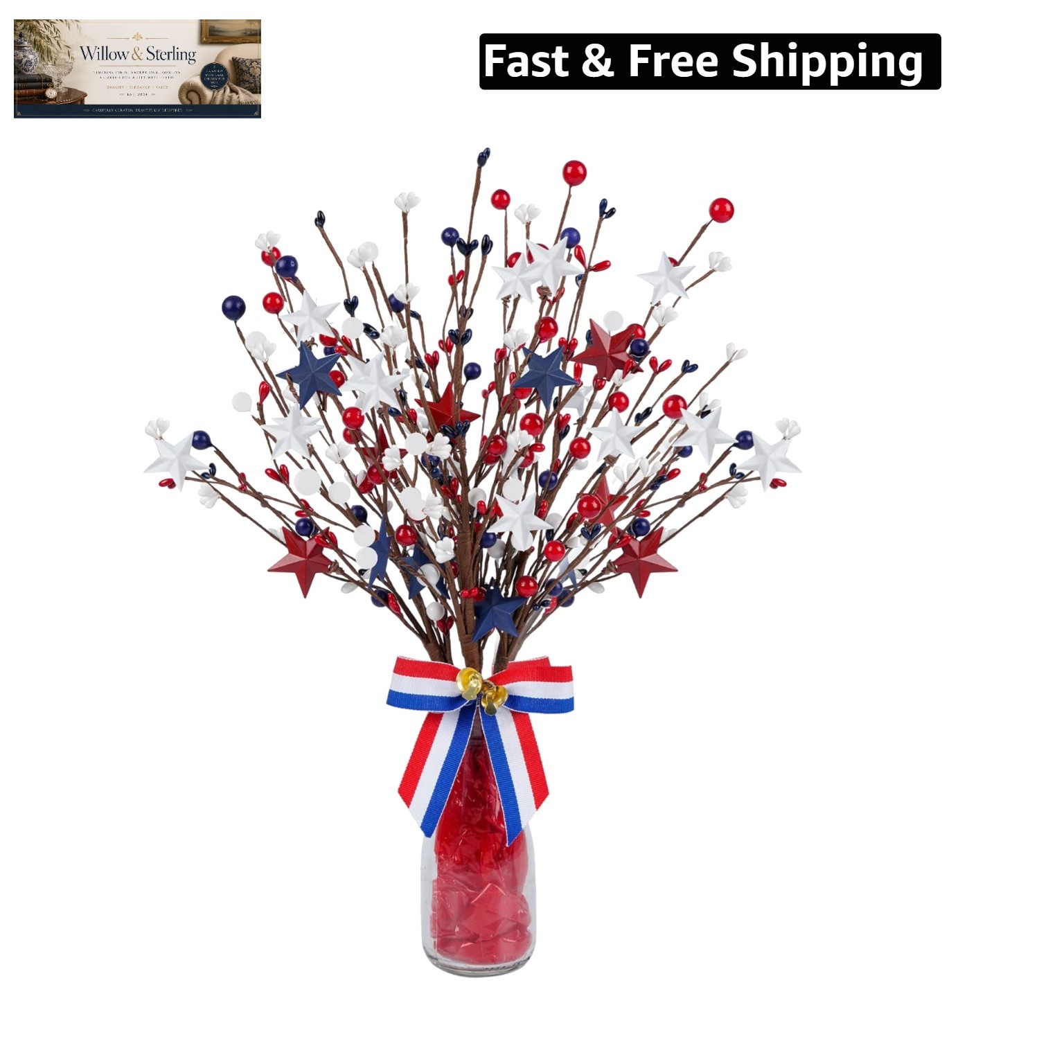 4 Pack Patriotic Artificial Berry Stem Picks White Blue Red Stars for 4th of …