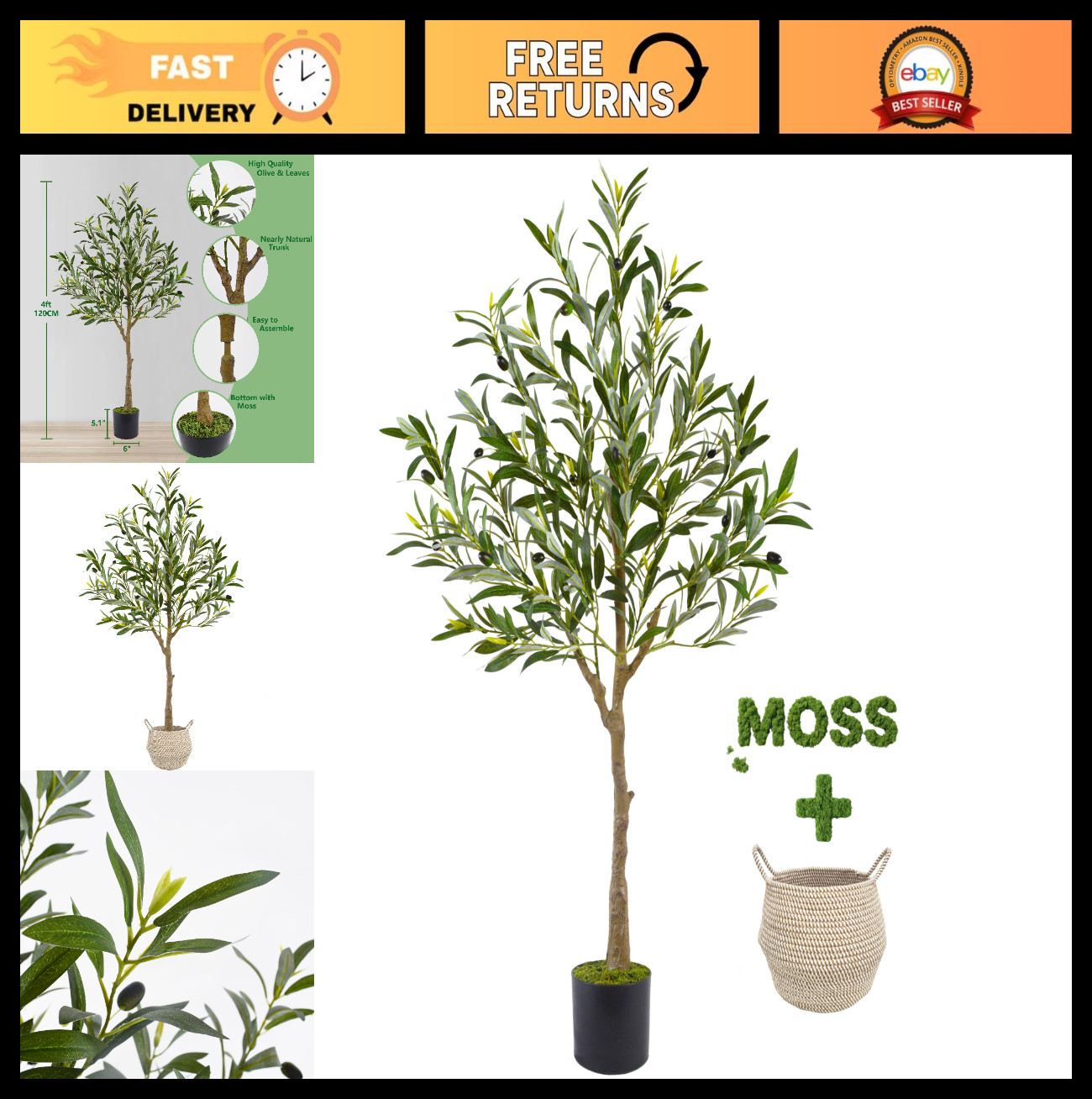 4ft Faux Olive Tree with Basket – Realistic Silk Plant for Indoor/Outdoor Décor