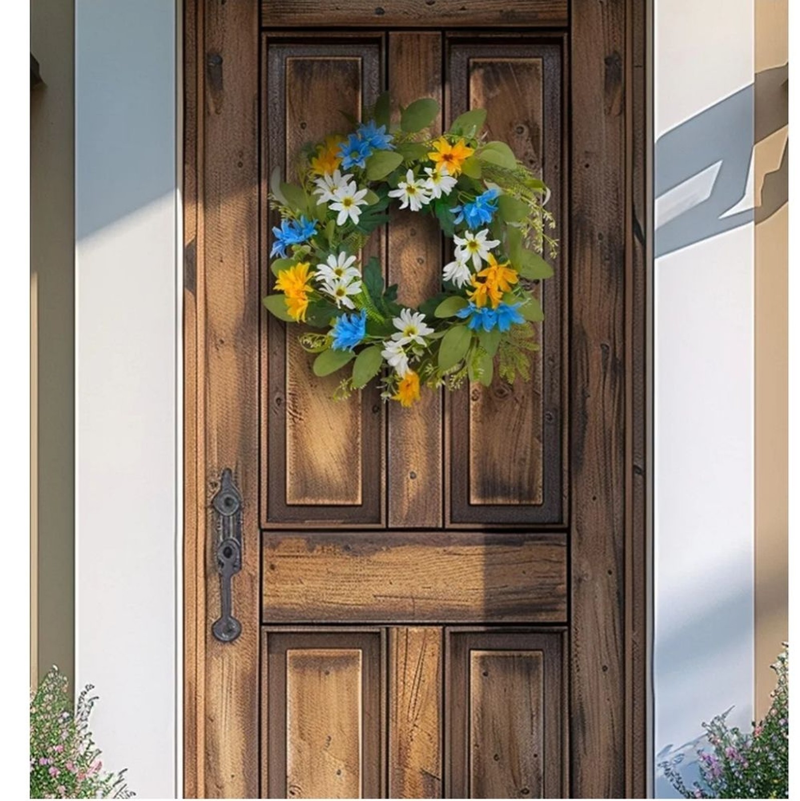 Summer Wreath 20inch Floral Door Wreath with Blue, Yellow, and White Flowers
