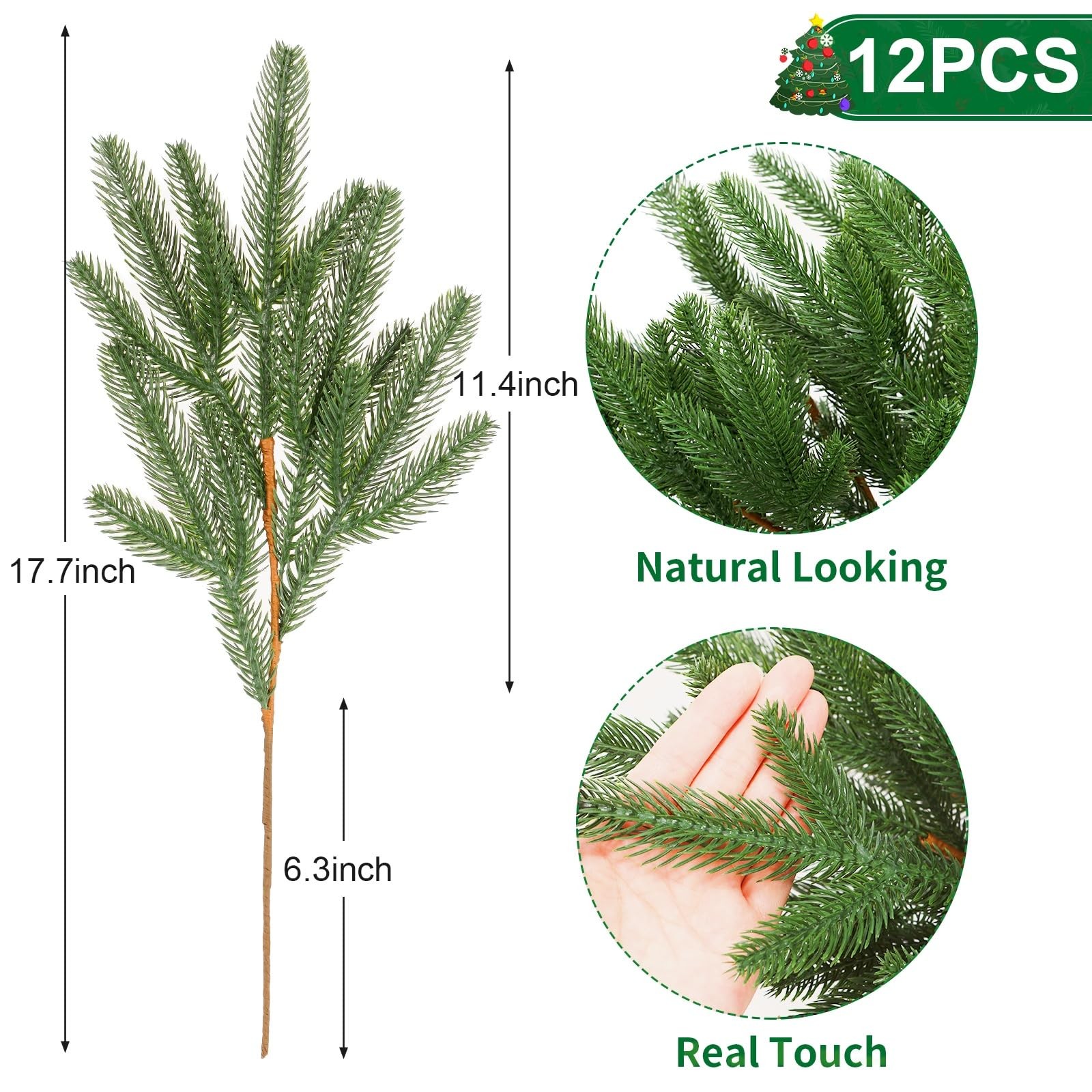12 Bundles Artificial Pine Branches, Faux Christmas Cedar Greenery Stems
