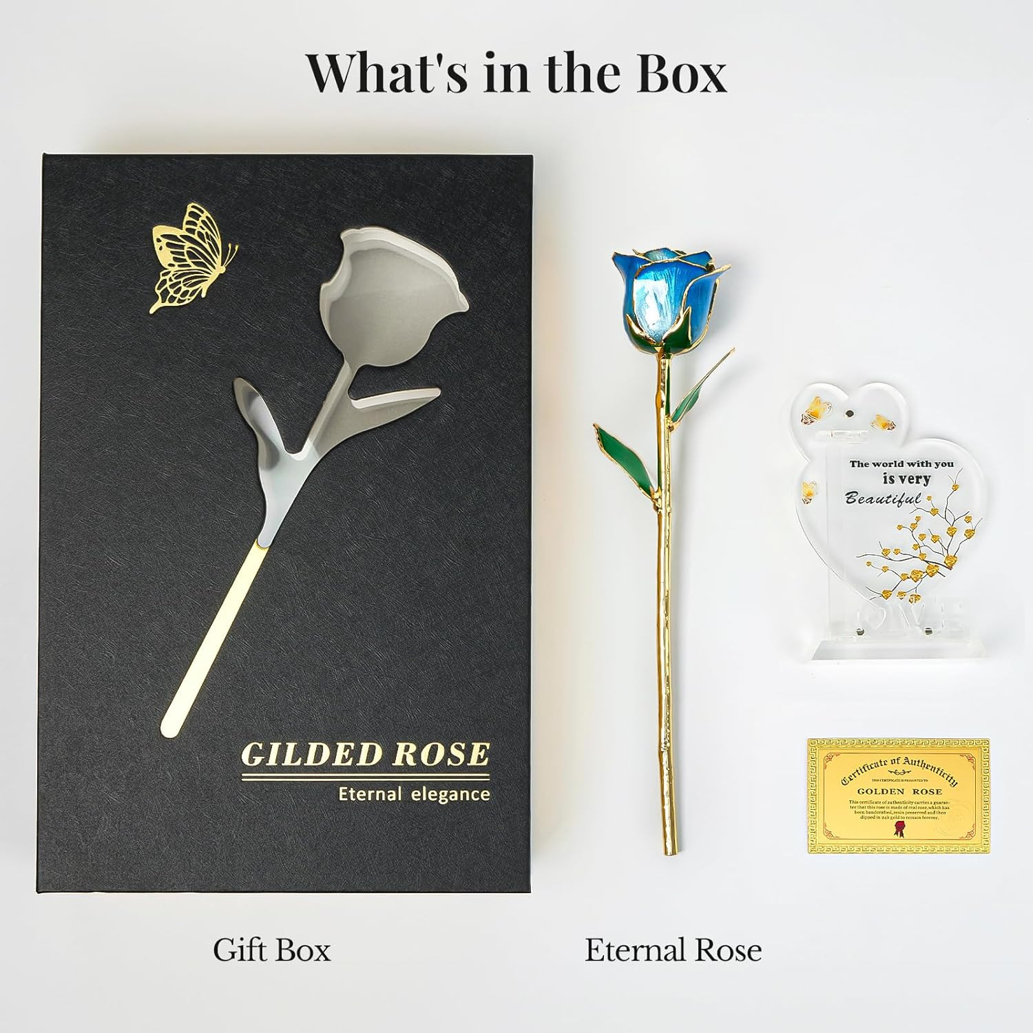 24K Gradient Blue Gold Dipped Realistic Rose Gift Set – Passionate Ombre Eter…
