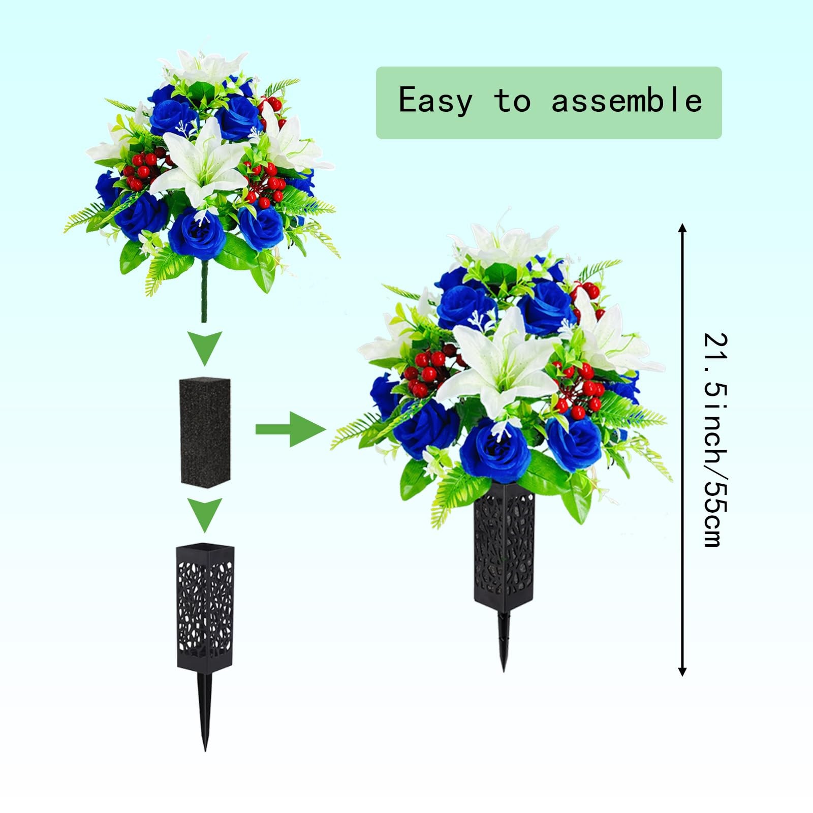 2 Sets Artificial Silk Cemetery Flowers, Memorial Flowers for Gravesite, Blue…