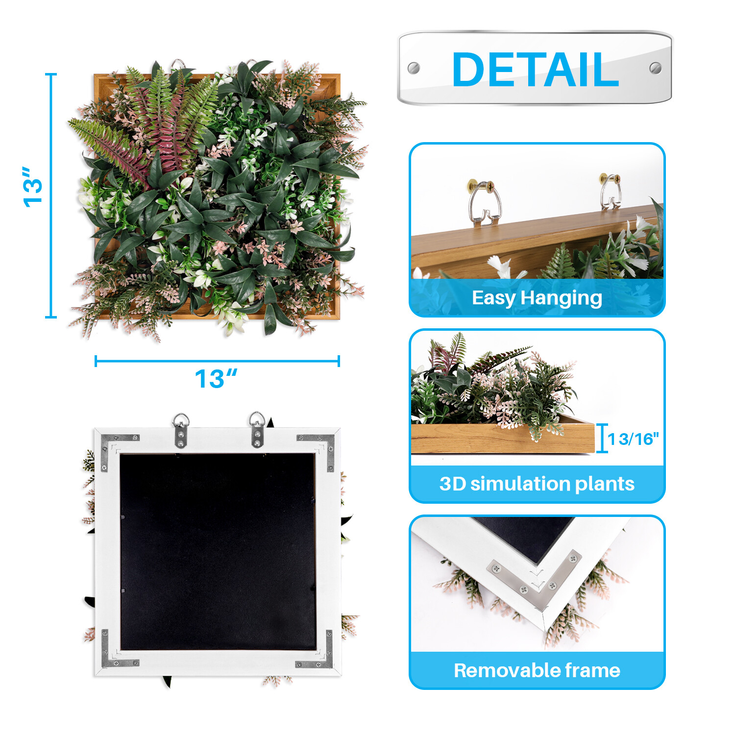 Artificial Plants Green Wall Decor with Square Wooden Frame 12in, Dark Green