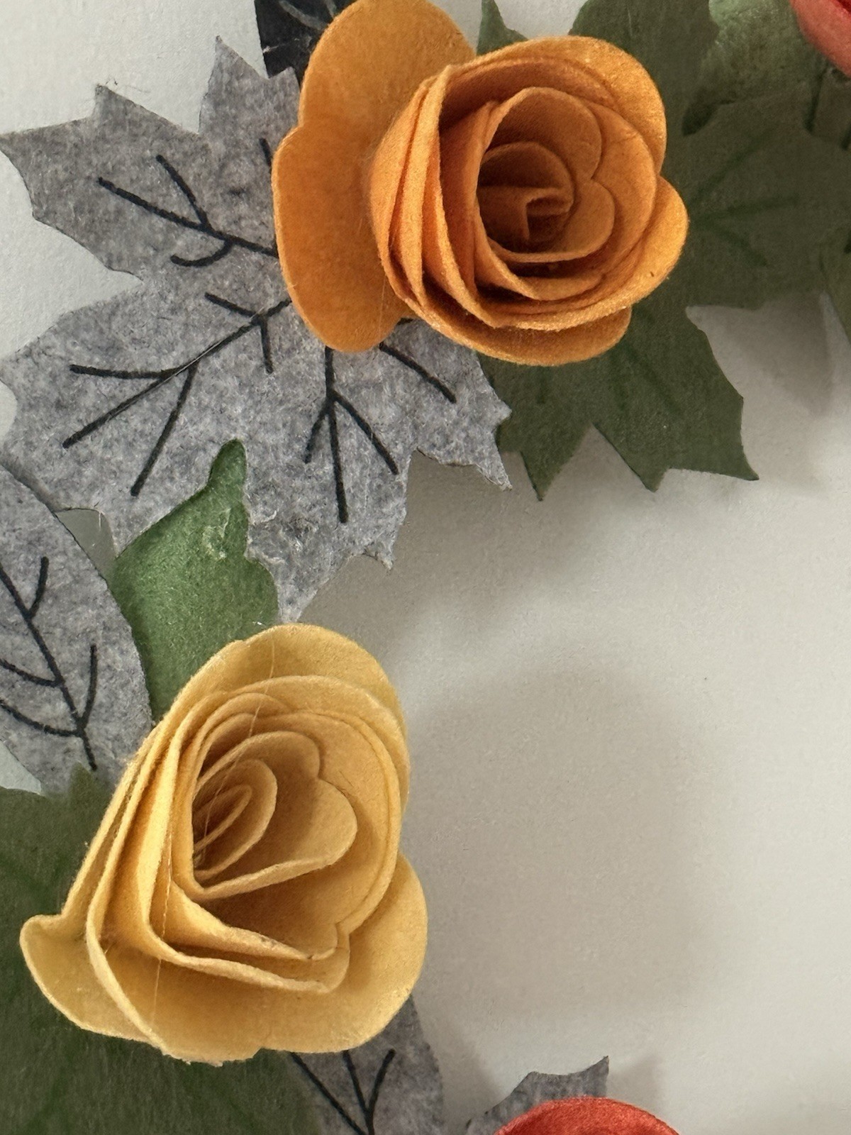 Handmade Felt Roses & Leaves Wreath Approx 18” Round Orange Yellow Peach Greens