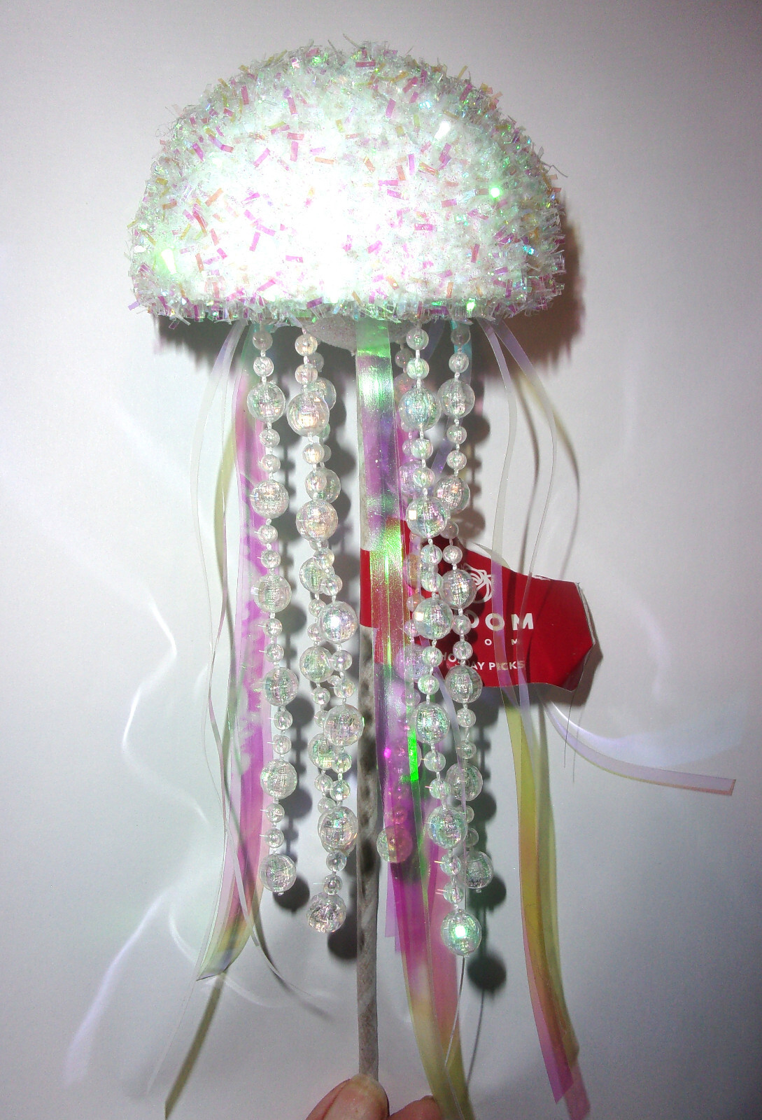 10” tall flower pick bouquet stick pink & white jelly fish ornament with beads