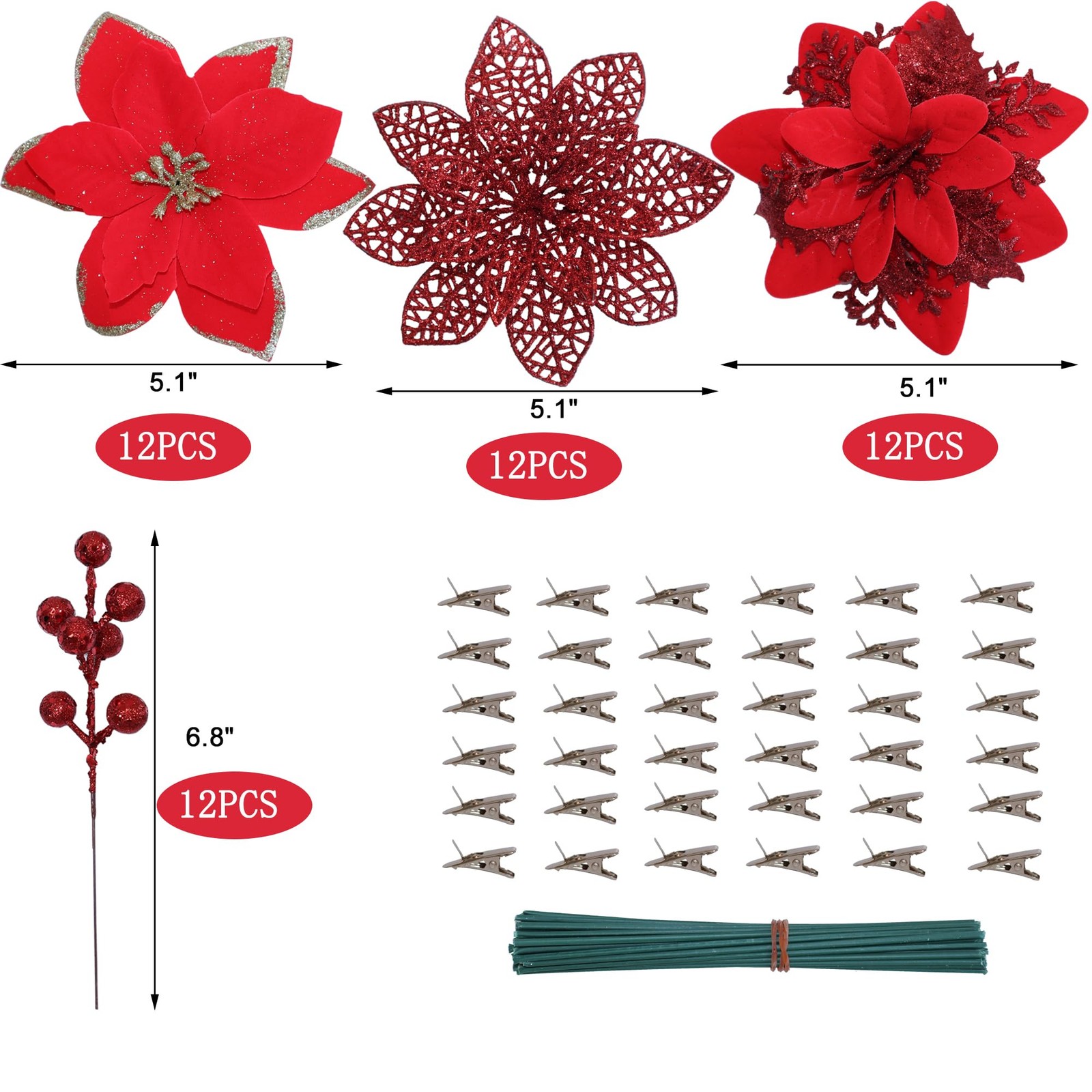 48 Pcs Fake Poinsettia Glitter Flowers and Berry Stems Artificial Red Christm…