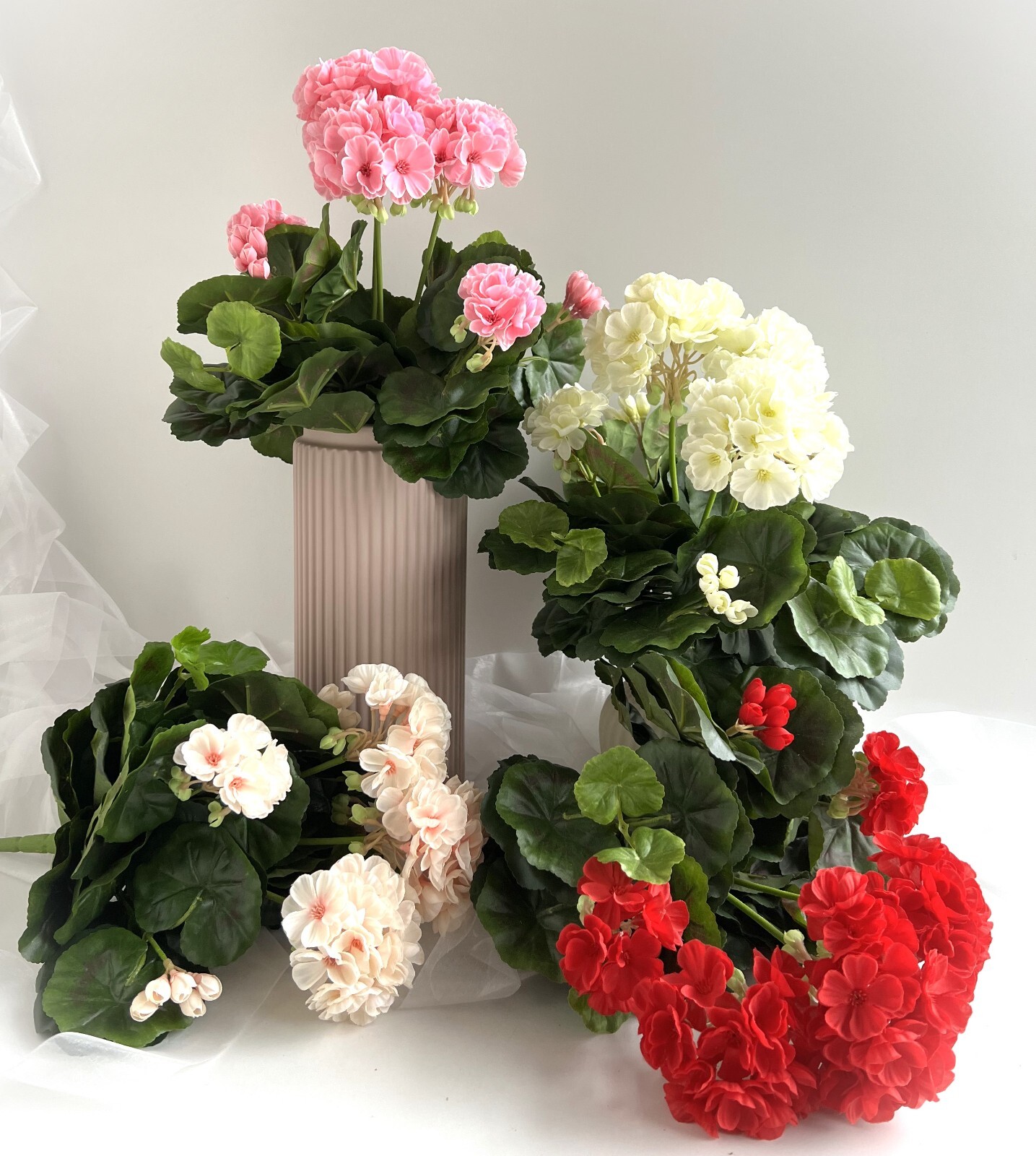 Geranium Bush Pot Plants Faux Silk Geraniums Red Blush Pink Cream Bush Plant x 1