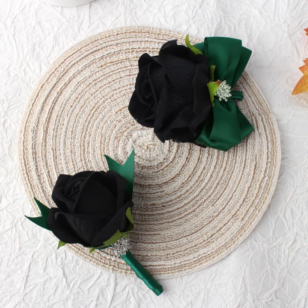Black Rose Wrist Corsage and Boutonniere Set for Weddings and Events