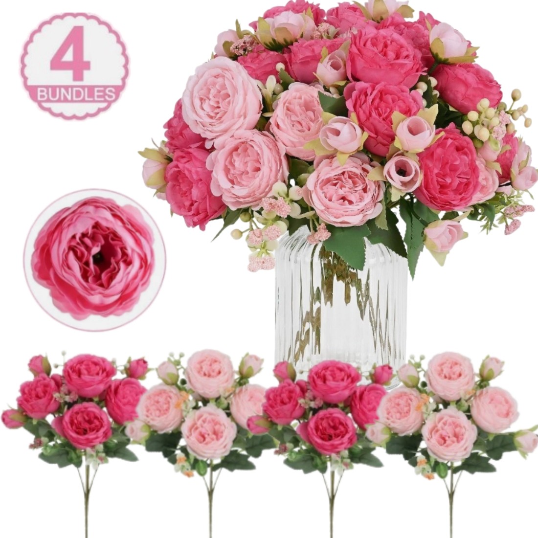 4 Bundles Silk Peonies 36 Heads Artificial Flowers Wedding Centerpiece Decor