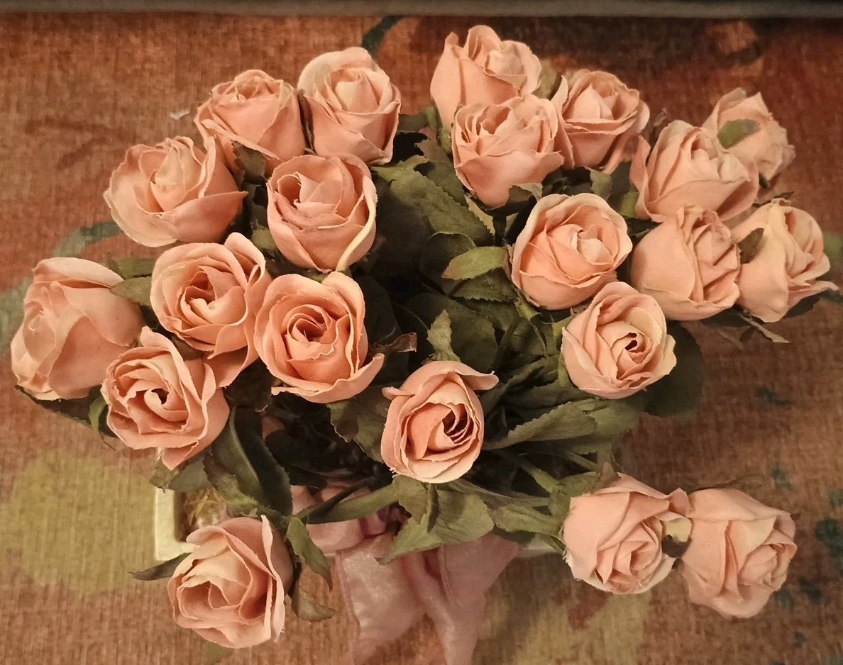 TOP DESIGNS Pink bud ROSES on stems in Resin Tan Rectangle planter FLORAL DECOR
