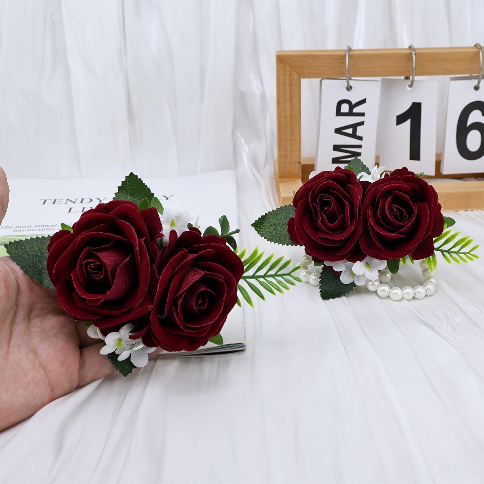 2 PCS Burgundy Rose Wrist Corsage Wristlet Band Men Boutonniere Set Wedding