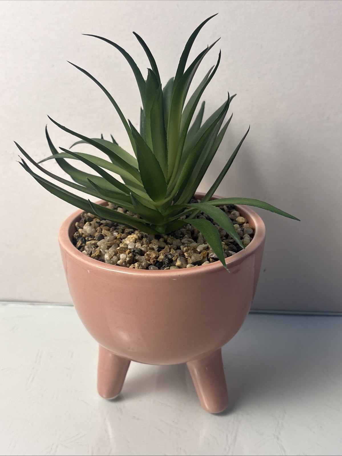 Ceramic Planter w Faux Succulent Pink Tripod Pot Mid Century Style Decor