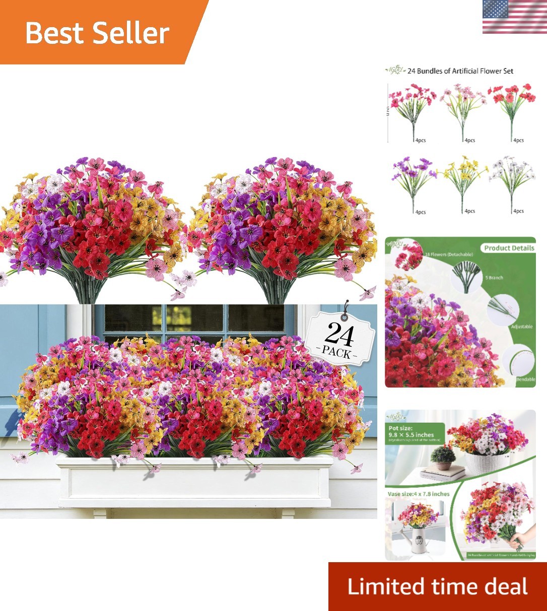 Realistic 24 Bundles of Artificial Flowers for -Round Indoor & Outdoor Use