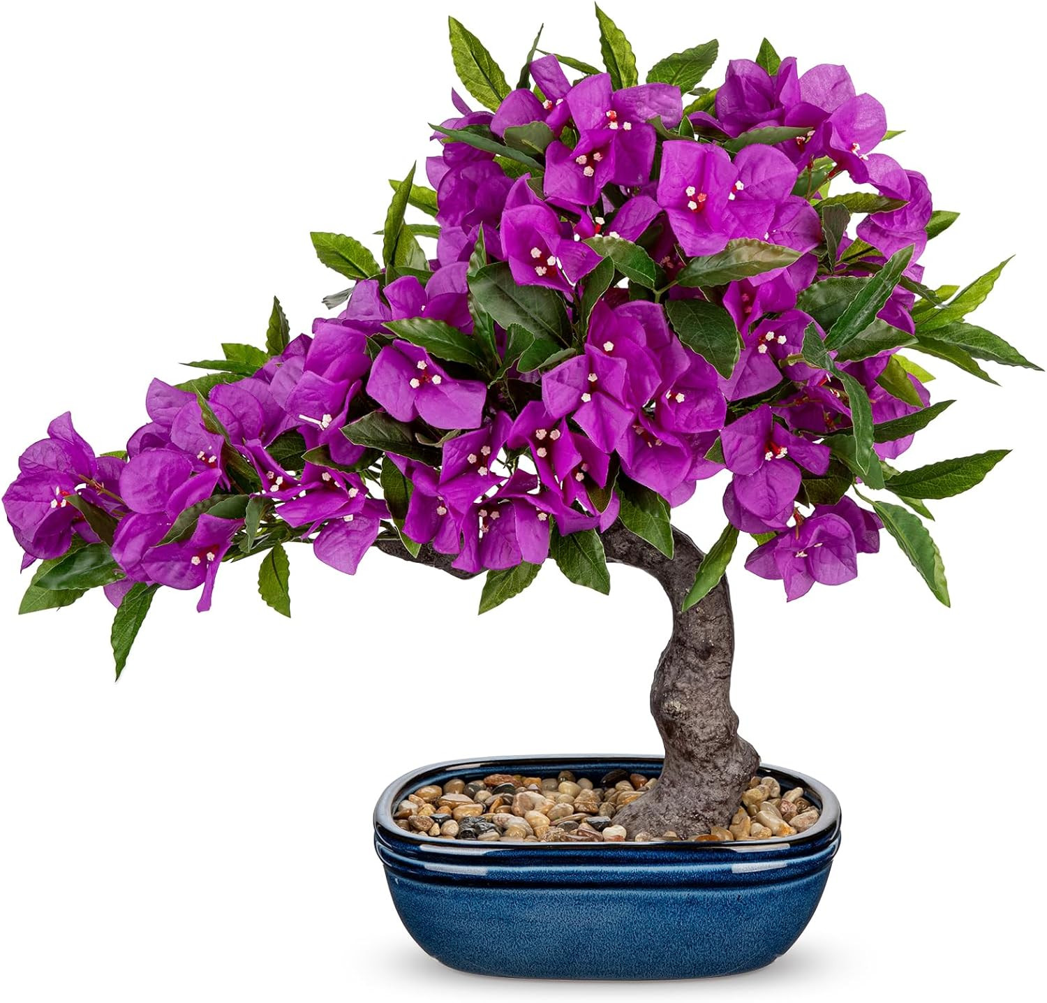 18.5in Artificial Bougainvillea Bonsai Tree Silk Plant Blue Pot Purple Decor Zen