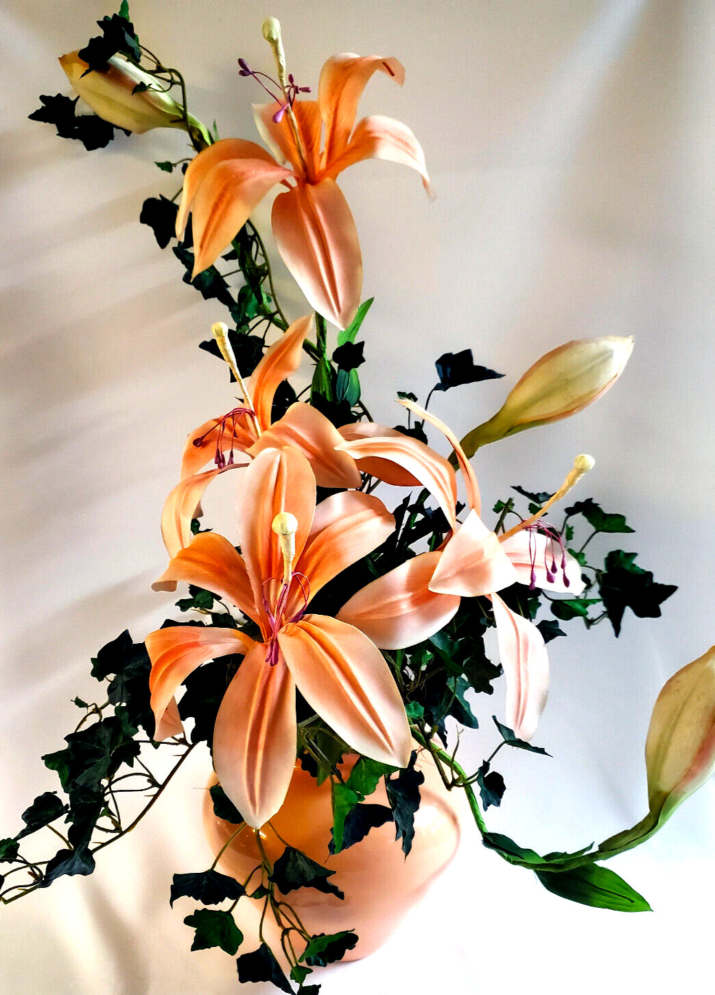 Peach Lillies & Ivy Silk Floral Centerpiece in Matching ceramic Vase