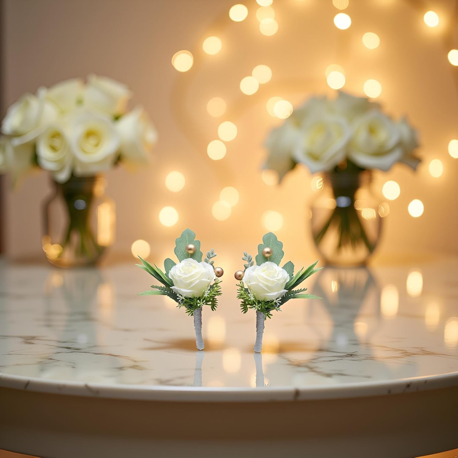 2Pcs Roses Boutonniere for Men Wedding, Groom Groomsman Artificial White Rose…